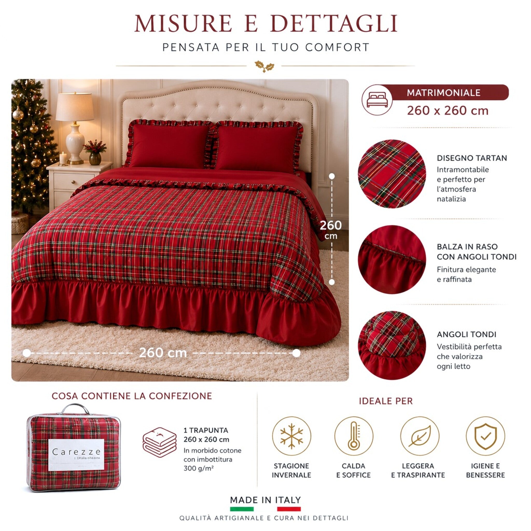 Misure della trapunta matrimoniale Carezze Eloidi 260x260 cm con dettagli e confezione