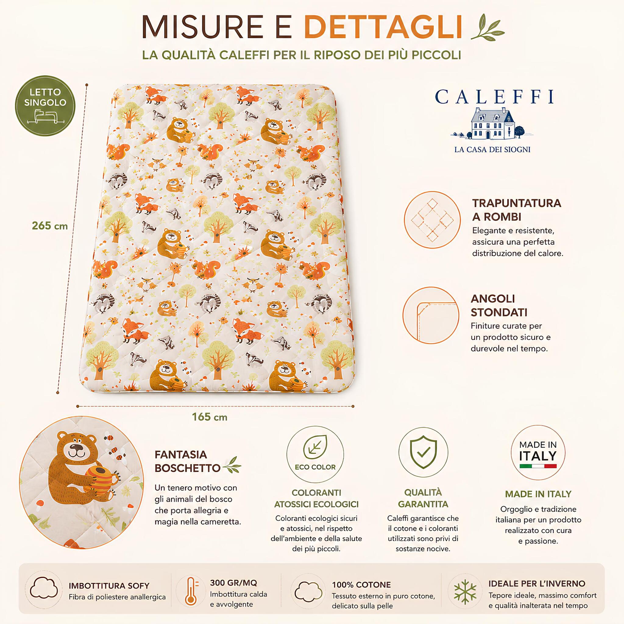 Trapunta singola Caleffi Boschetto misura 165x265 cm con imbottitura SOFY anallergica