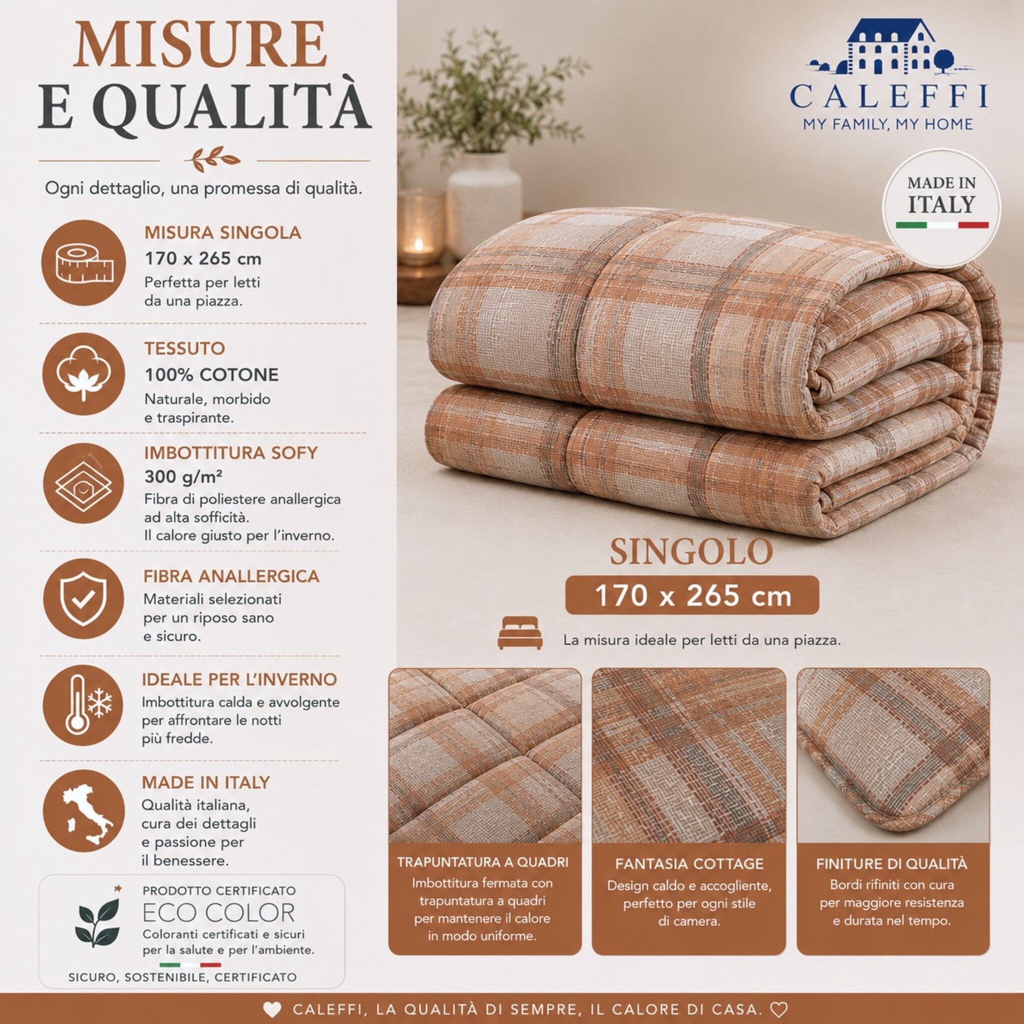 Misure della trapunta singola Caleffi Cottage Ambra 170x265 cm Made in Italy