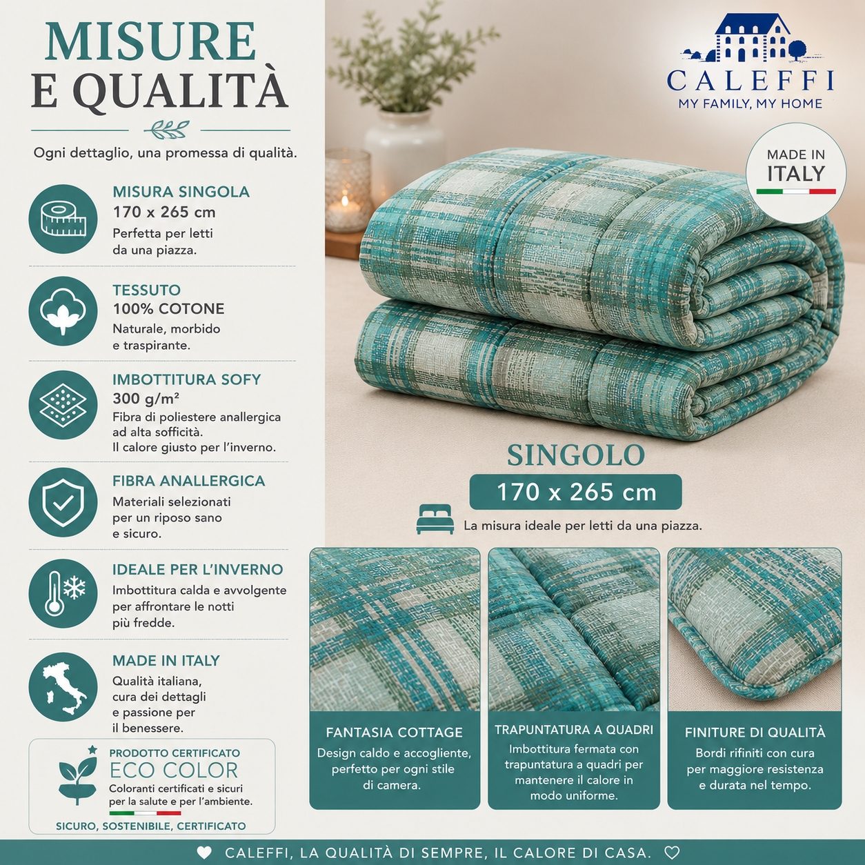 Caratteristiche della trapunta invernale singola Caleffi Cottage in 100% cotone con imbottitura Sofy 300 g