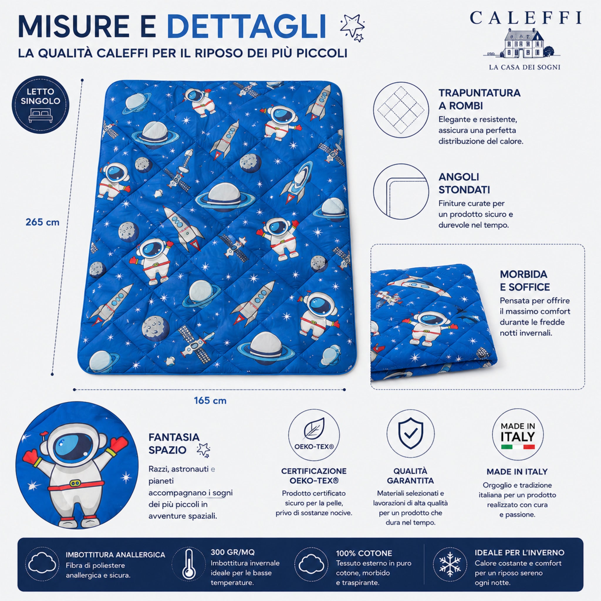 Trapunta singola Caleffi Spazio blu misura 165x265 centimetri per letto una piazza