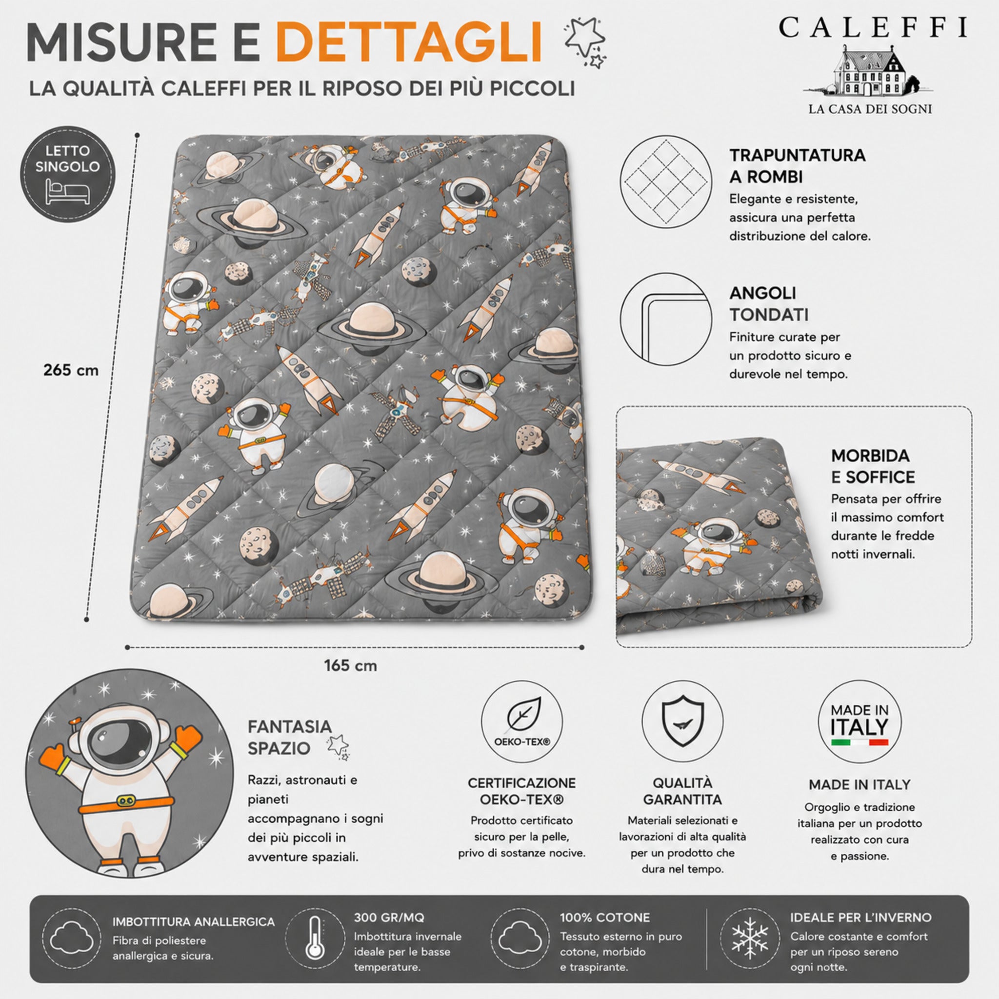 Trapunta singola Caleffi Spazio grigio misura 165x265 centimetri per letto singolo