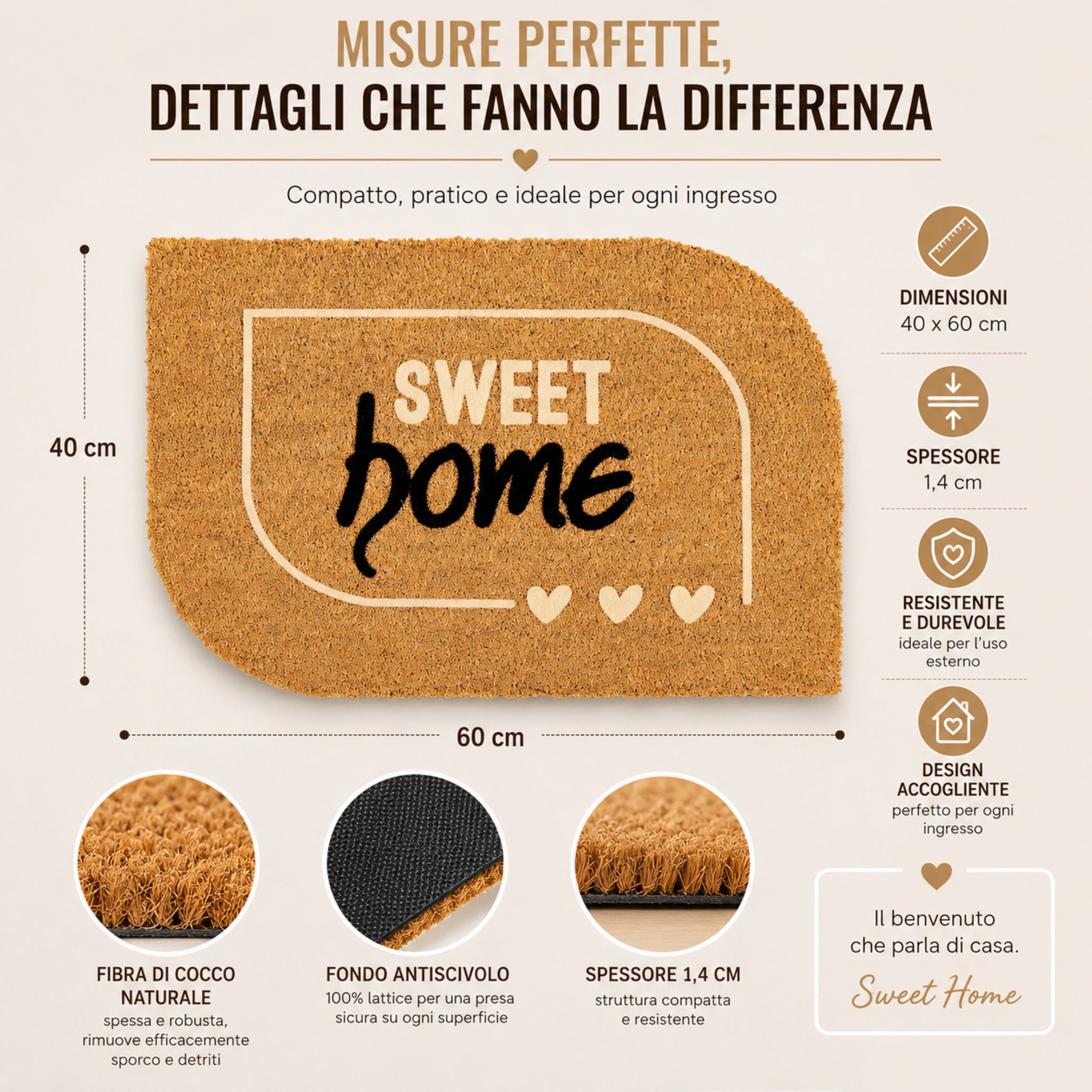 Misure dello zerbino da esterno Sweet Home Astra 40x60 cm spessore 1,4 cm
