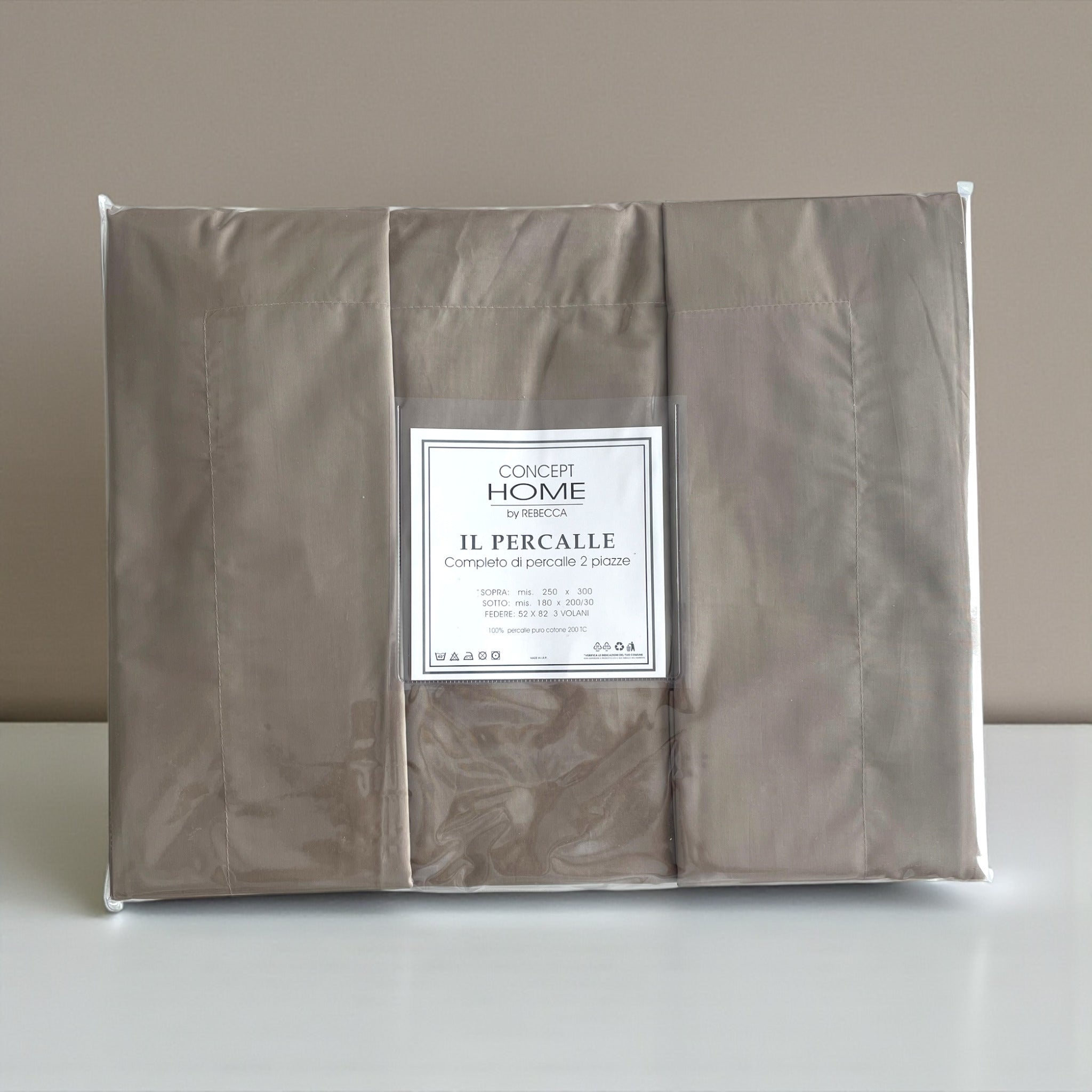 Packaging completo lenzuola matrimoniale tortora Rebecca Home
