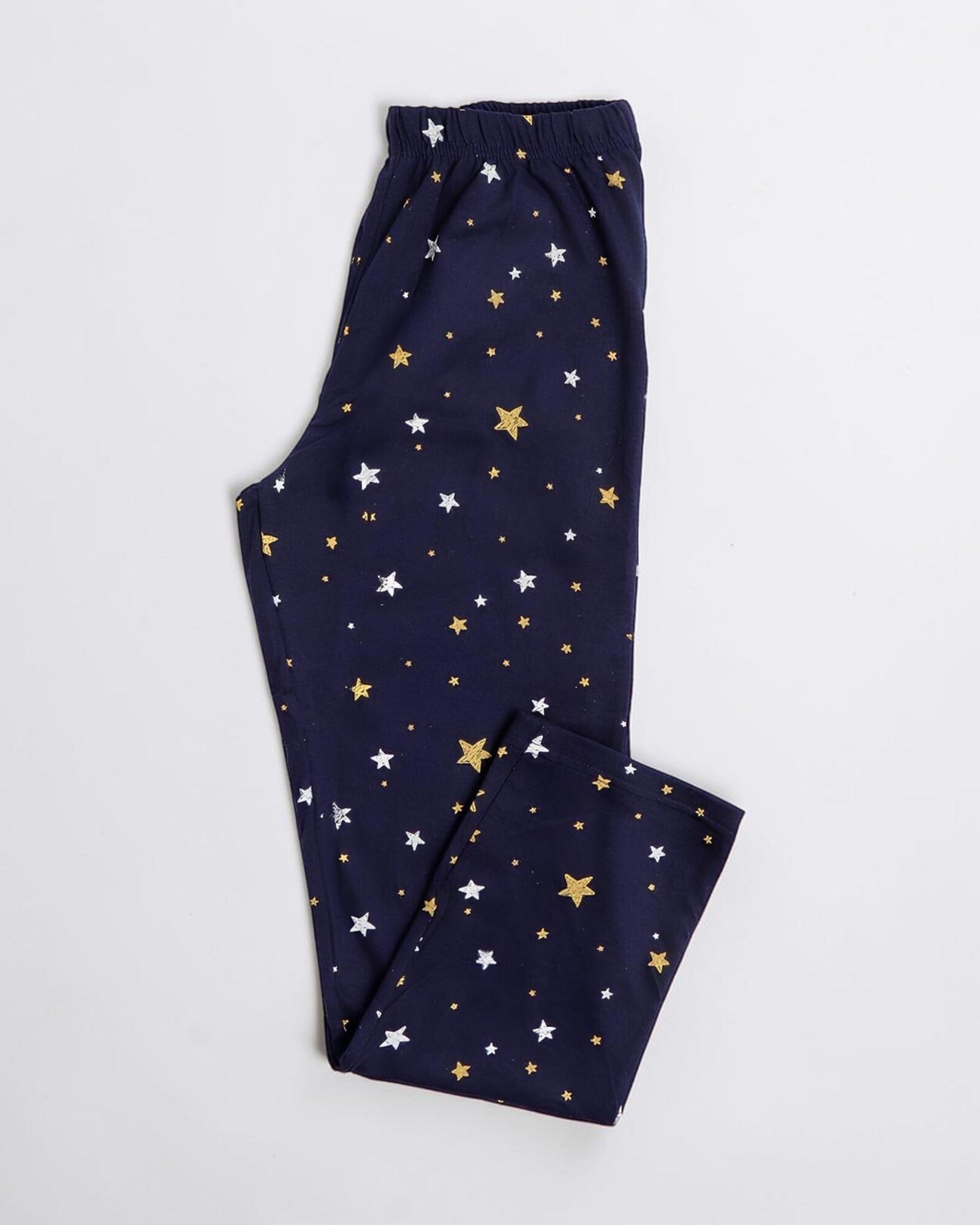 Pantalone blu notte del Pigiama Santoro Gorjuss 56625 con fantasia stelle bianche e oro