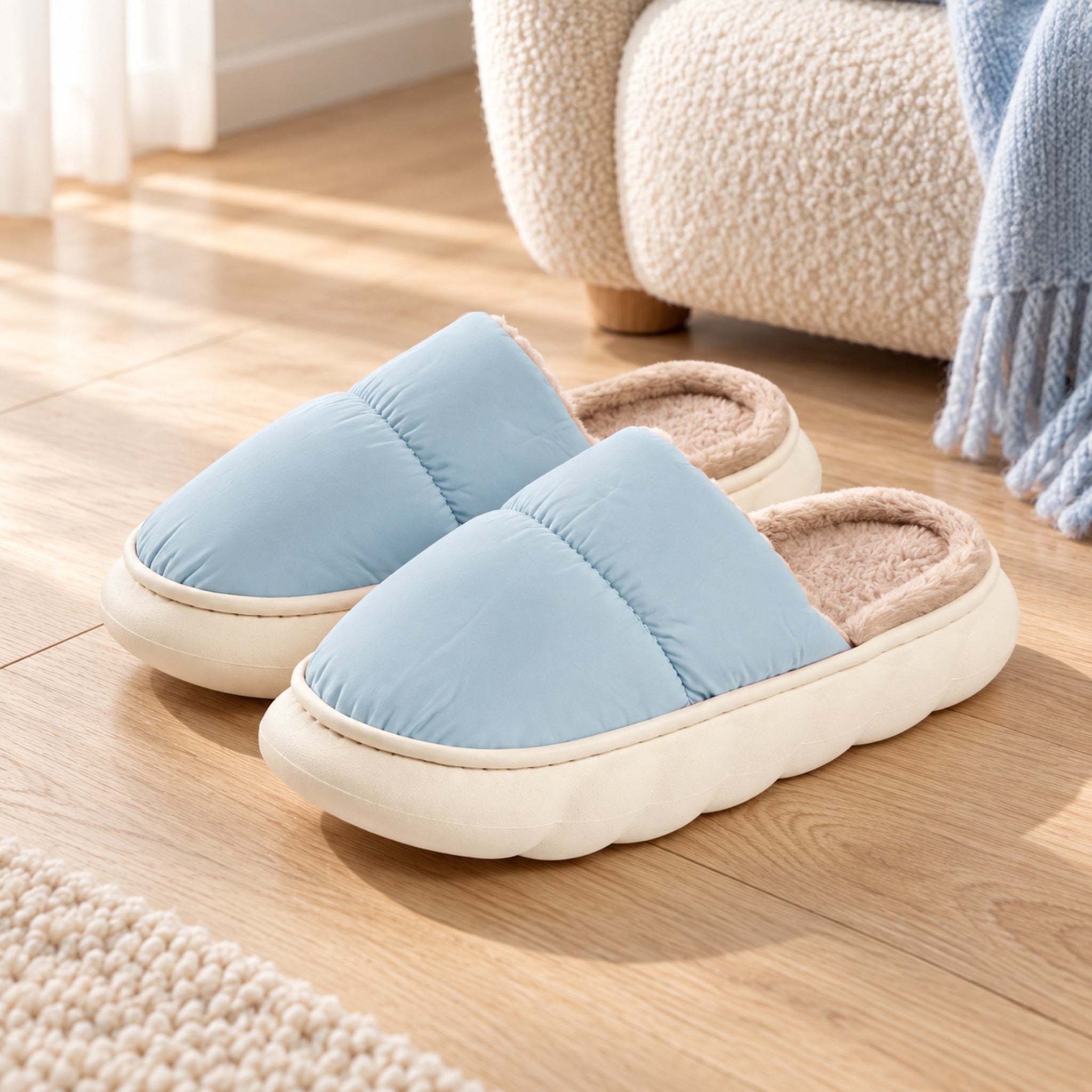Pantofola donna Admas 69026 azzurra con suola platform in ambiente domestico