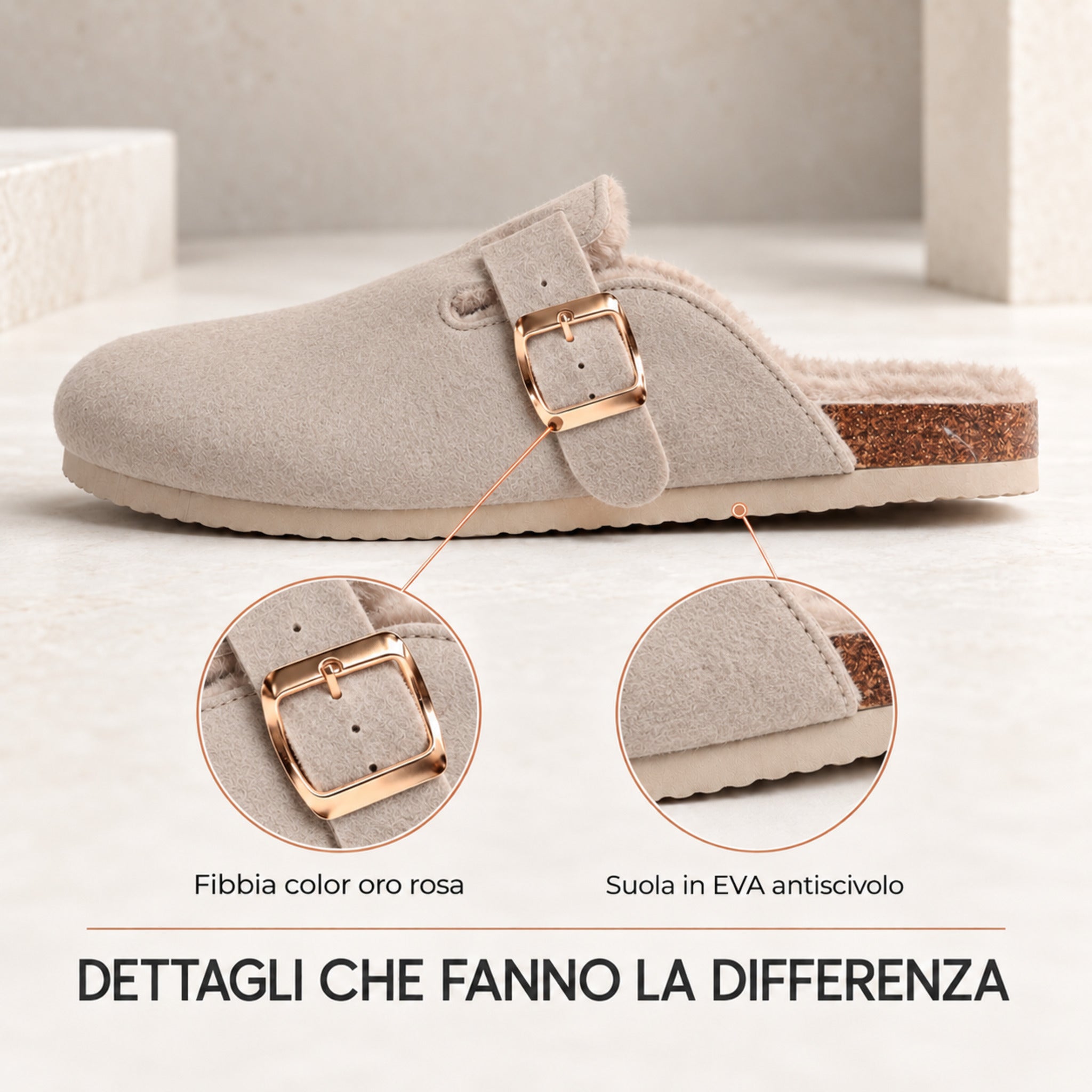 Pantofole Admas Boston beige con fibbia oro rosa e suola EVA antiscivolo