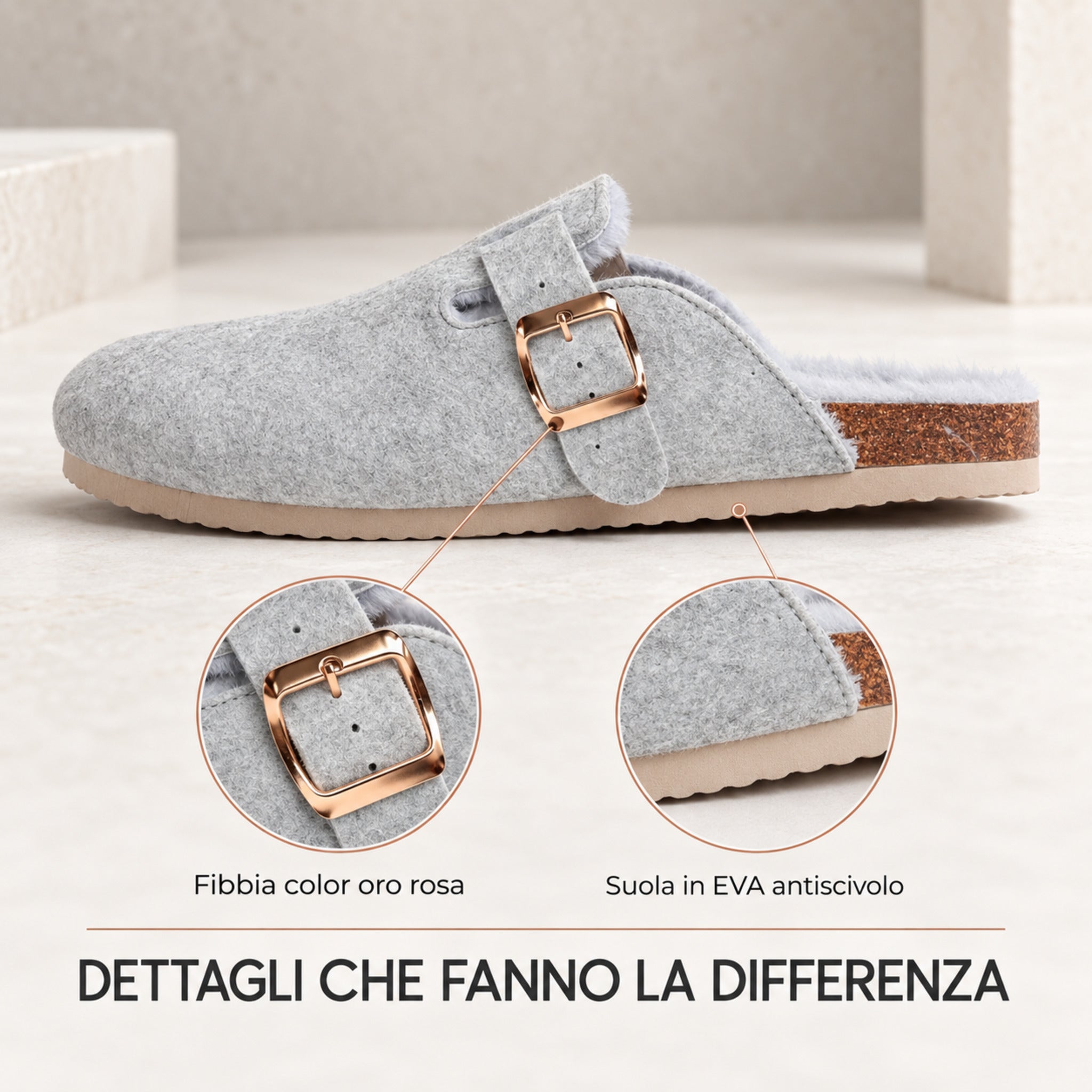 Pantofole donna Admas Boston grigio con fibbia color oro rosa e suola EVA antiscivolo