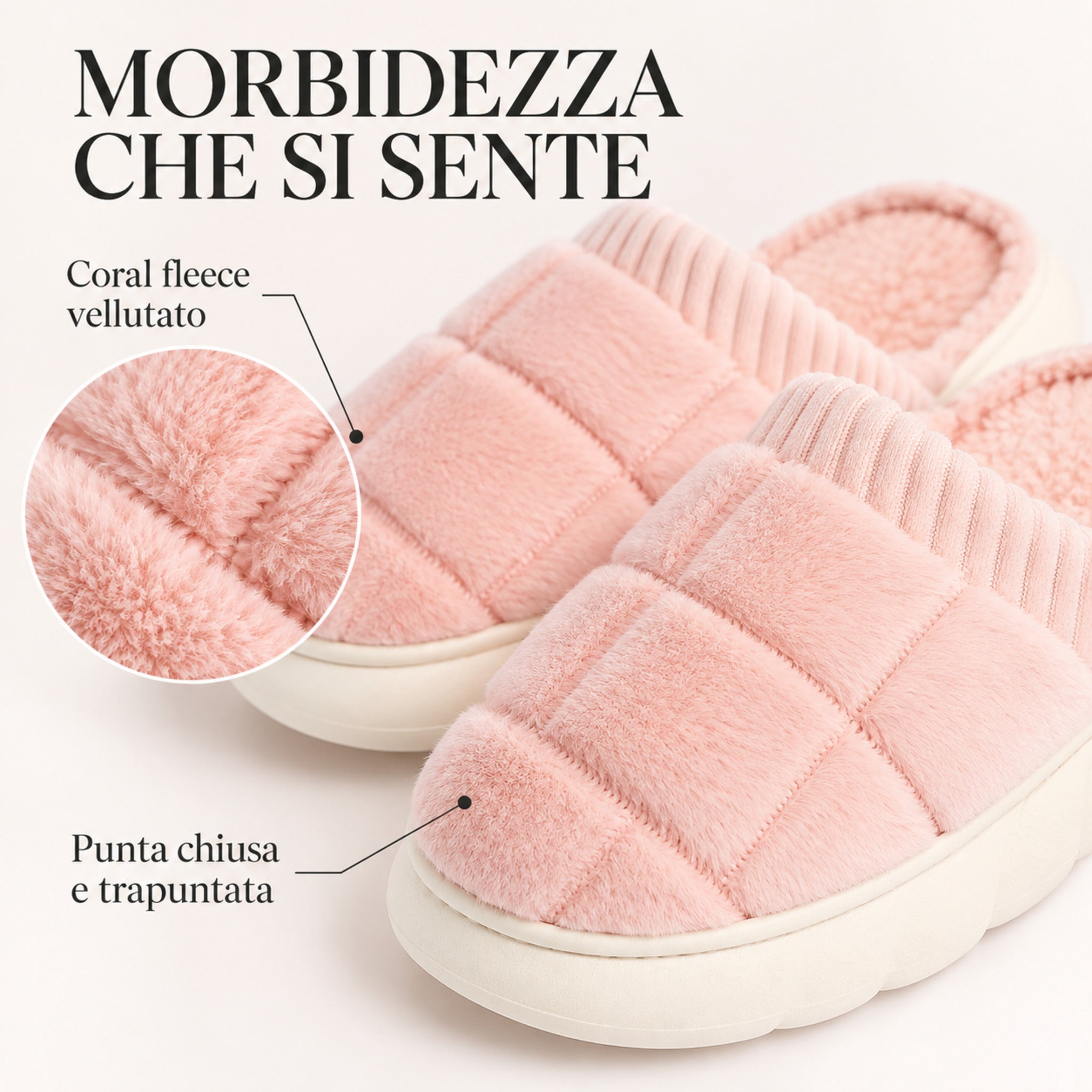 Dettaglio coral fleece vellutato e punta trapuntata delle pantofole Admas 69025 Petalo