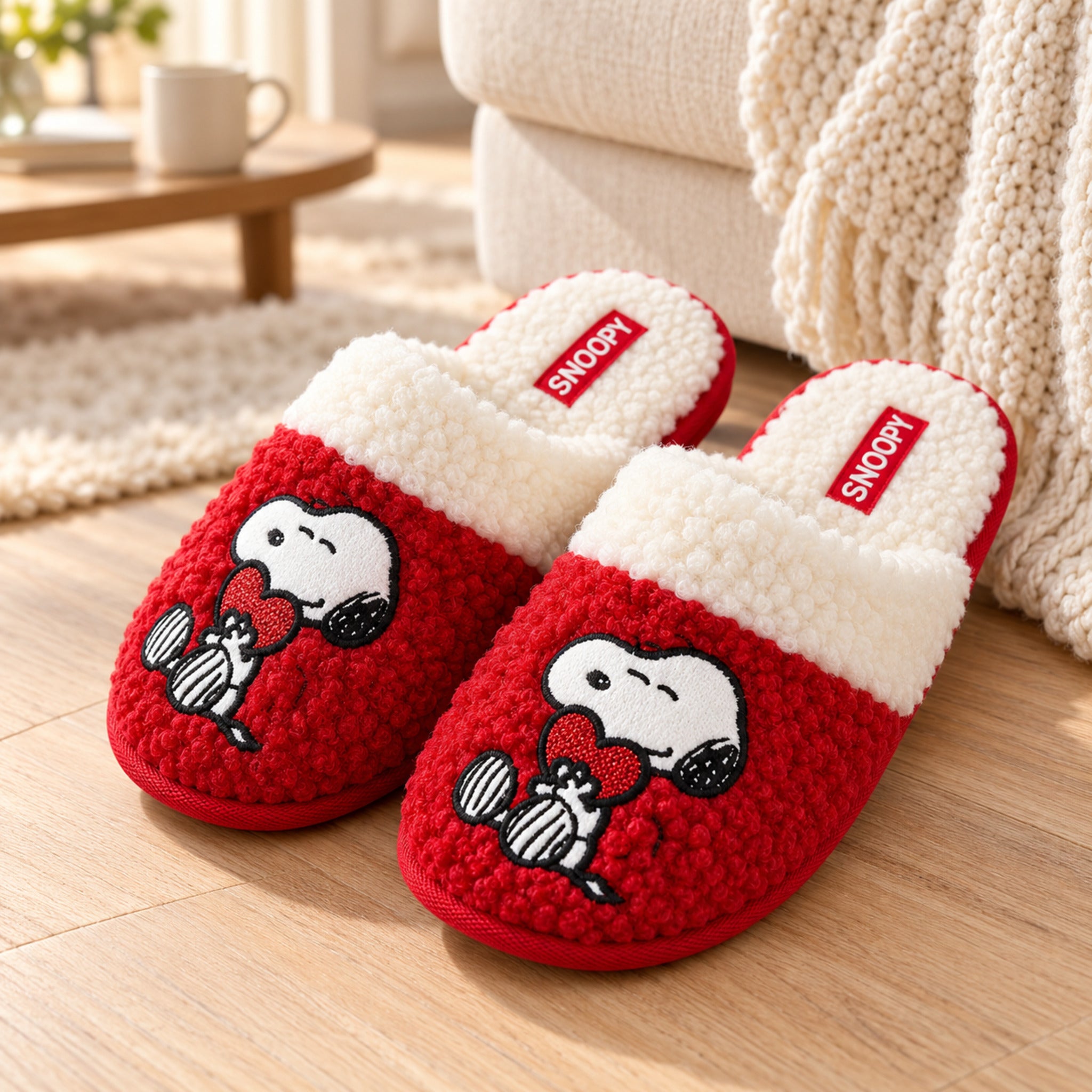 Pantofole rosse Peanuts Love Snoopy per bambini, con interno bianco, accanto al divano