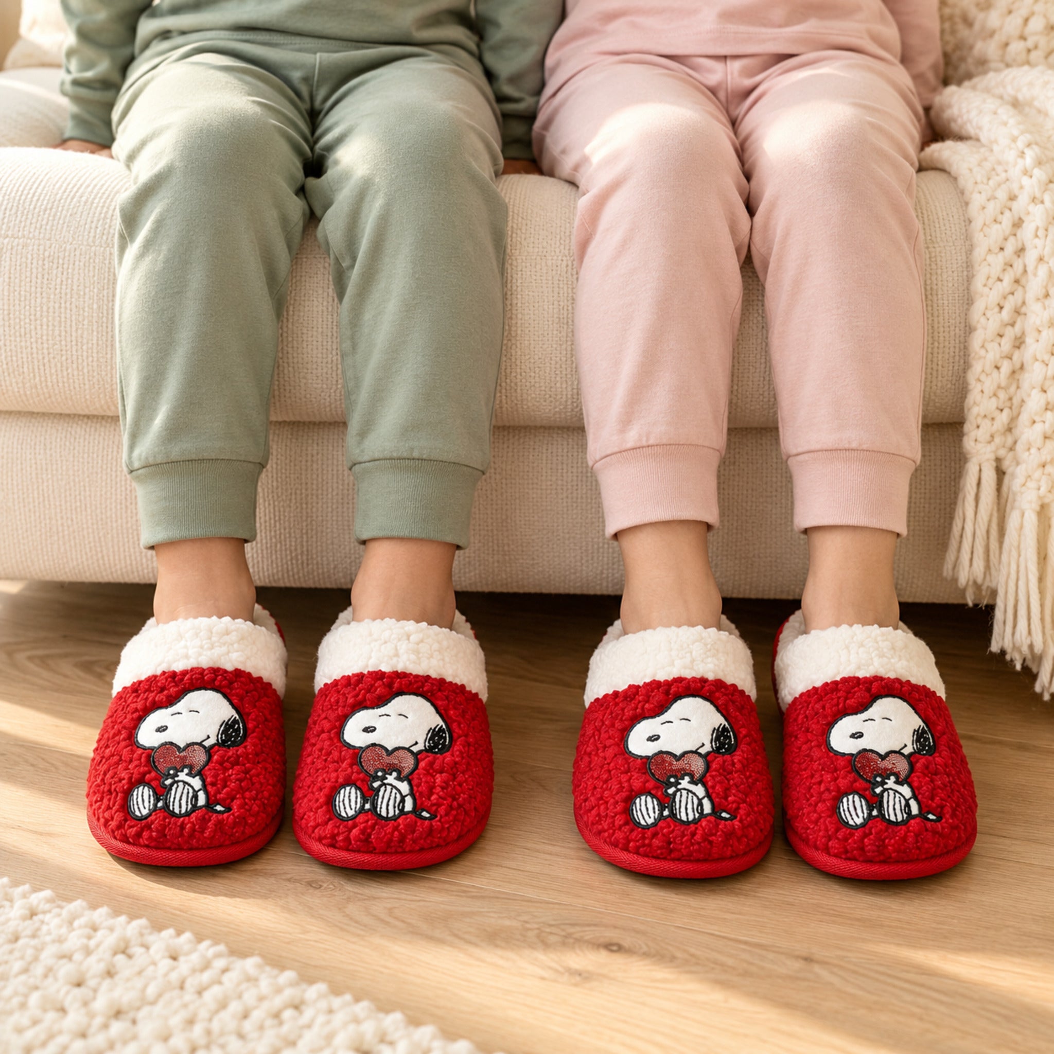 Due bambini sul divano indossano pantofole rosse Peanuts Love Snoopy con bordo bianco e ricamo a cuore