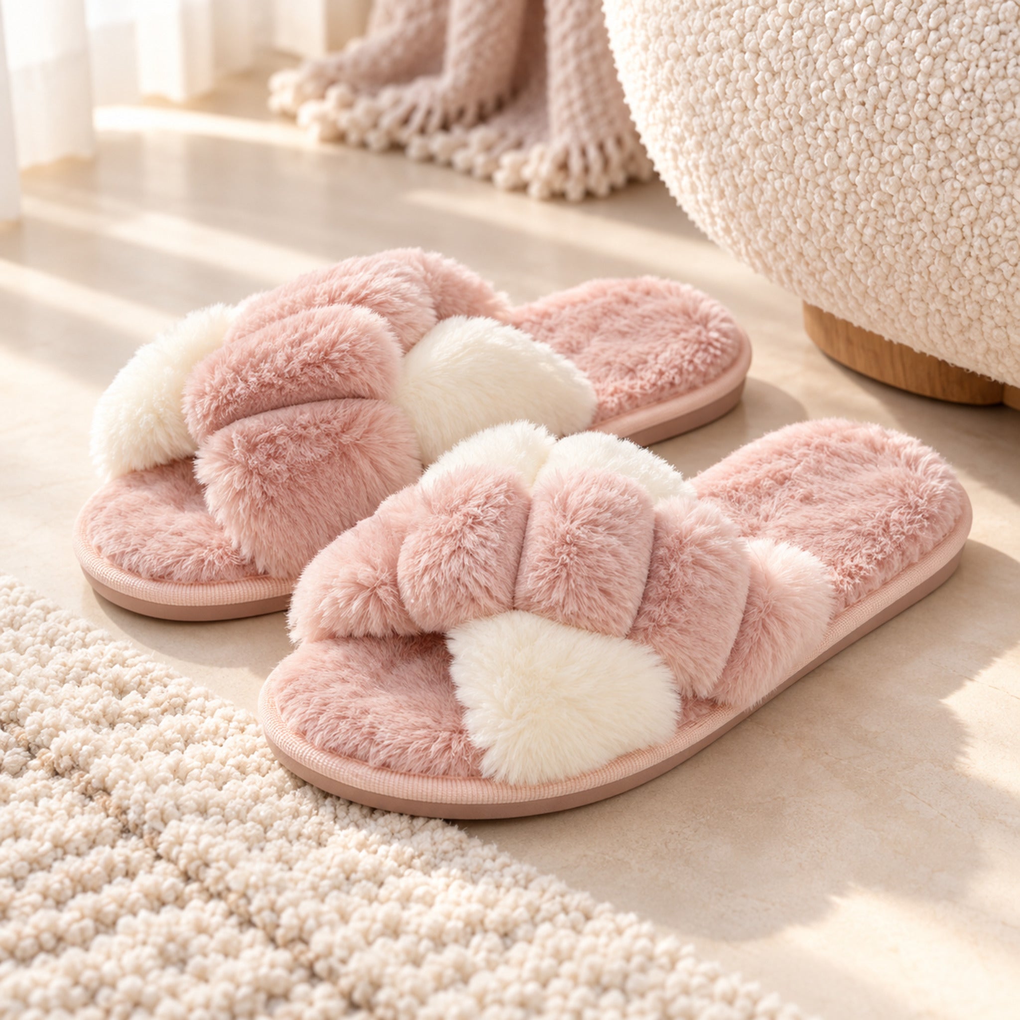 Pantofole donna Admas rosa e panna in coral ambientate in casa