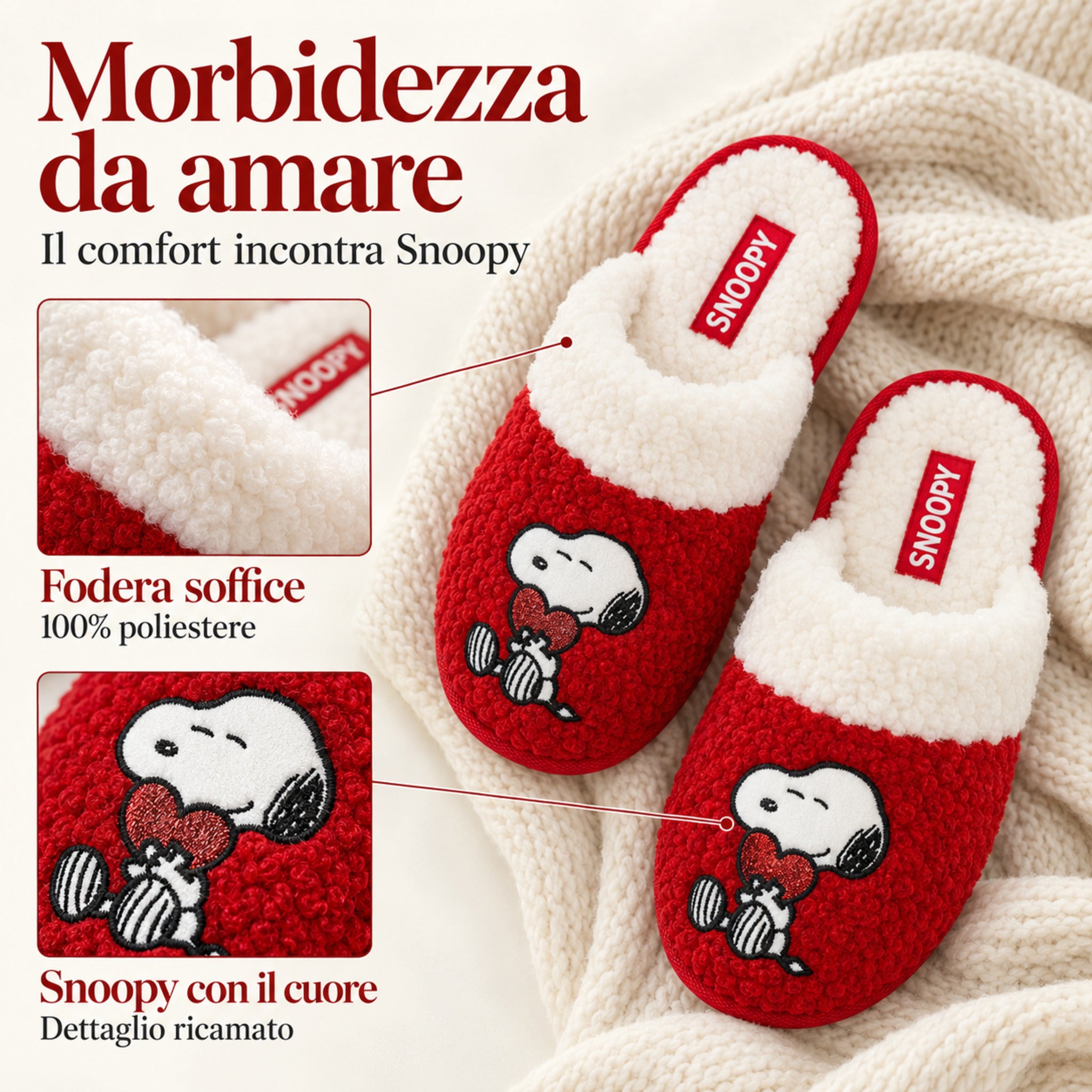 Infografica delle pantofole Love Snoopy con dettagli della fodera soffice in 100% poliestere e del ricamo Snoopy con cuore.
