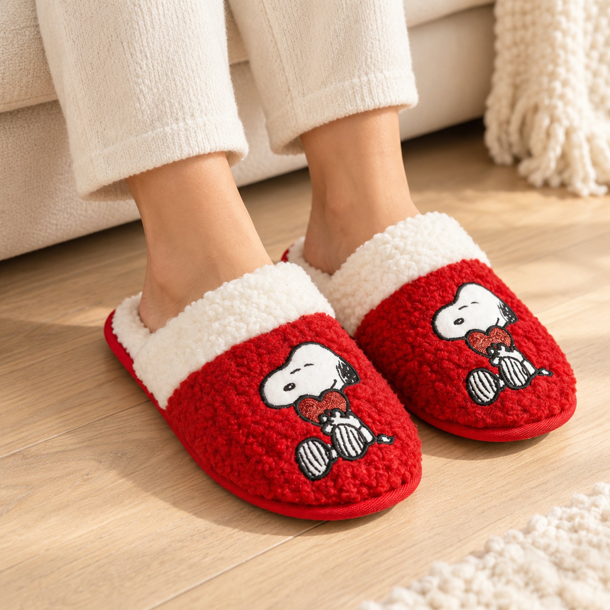 Pantofole donna Love Snoopy rosse indossate, con punta chiusa, bordo bianco soffice e decorazione Snoopy con cuore.