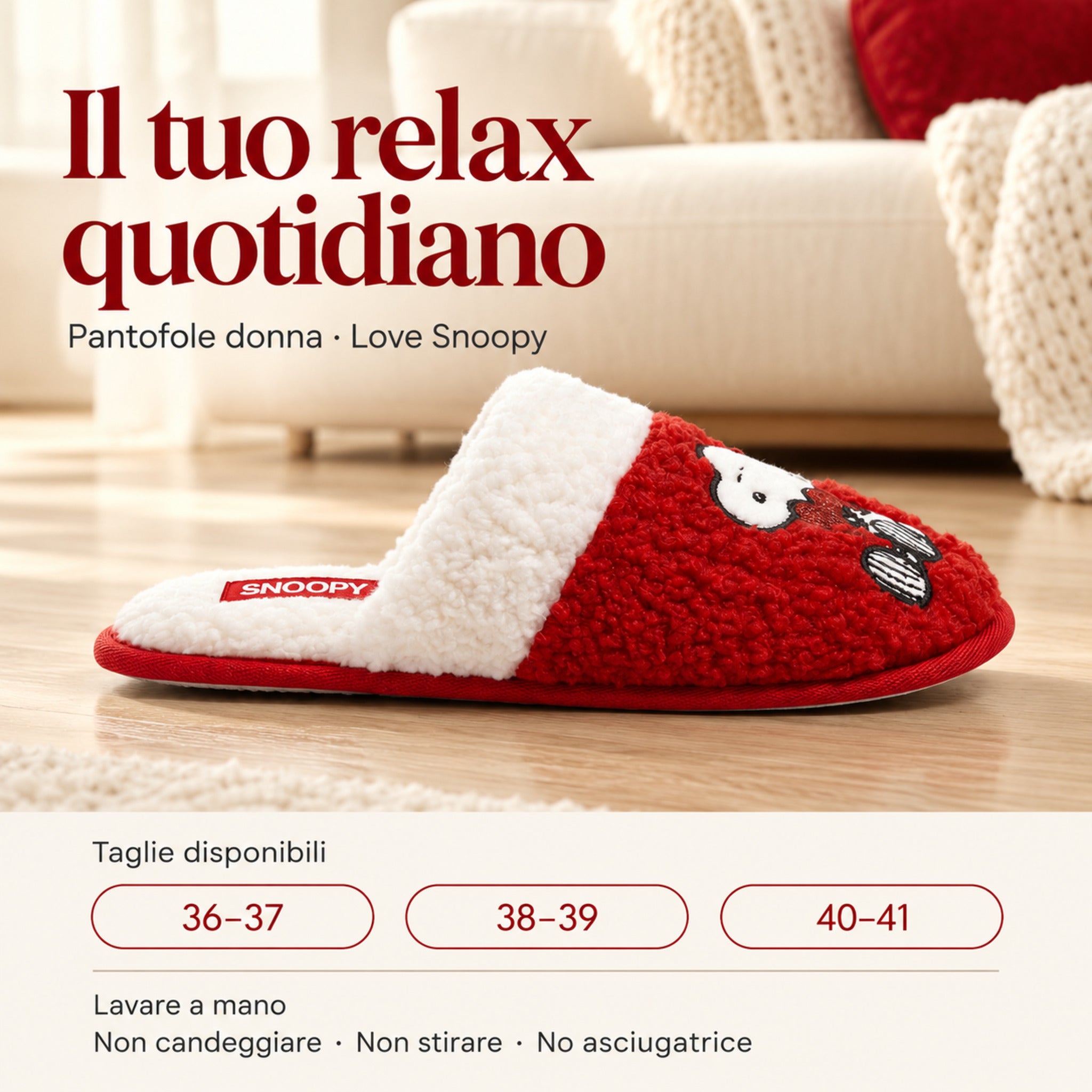 Vista laterale delle pantofole Love Snoopy con taglie 36-37, 38-39 e 40-41 e istruzioni per il lavaggio a mano.