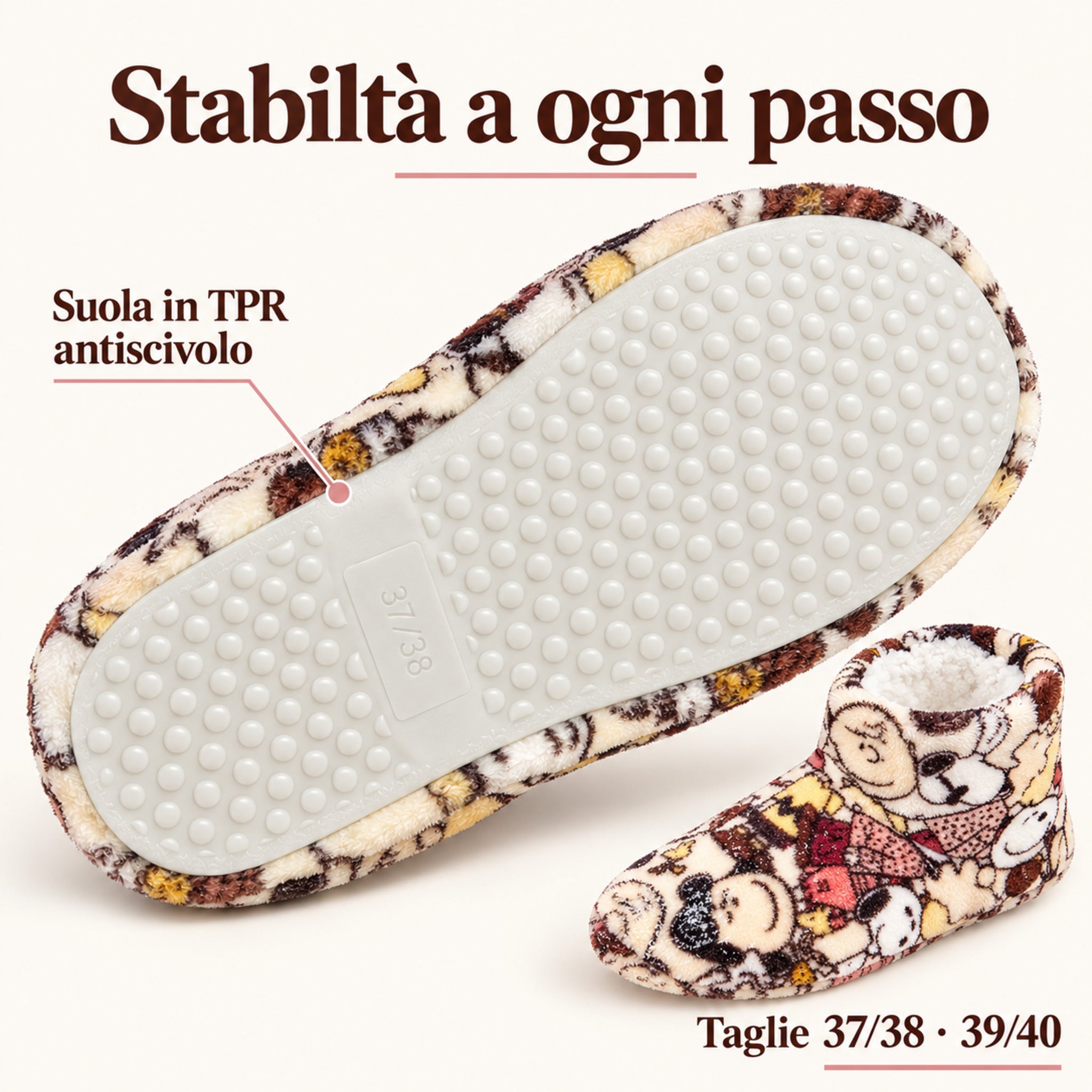 Suola TPR antiscivolo delle pantofole donna Peanuts Snoopy Art. 50126