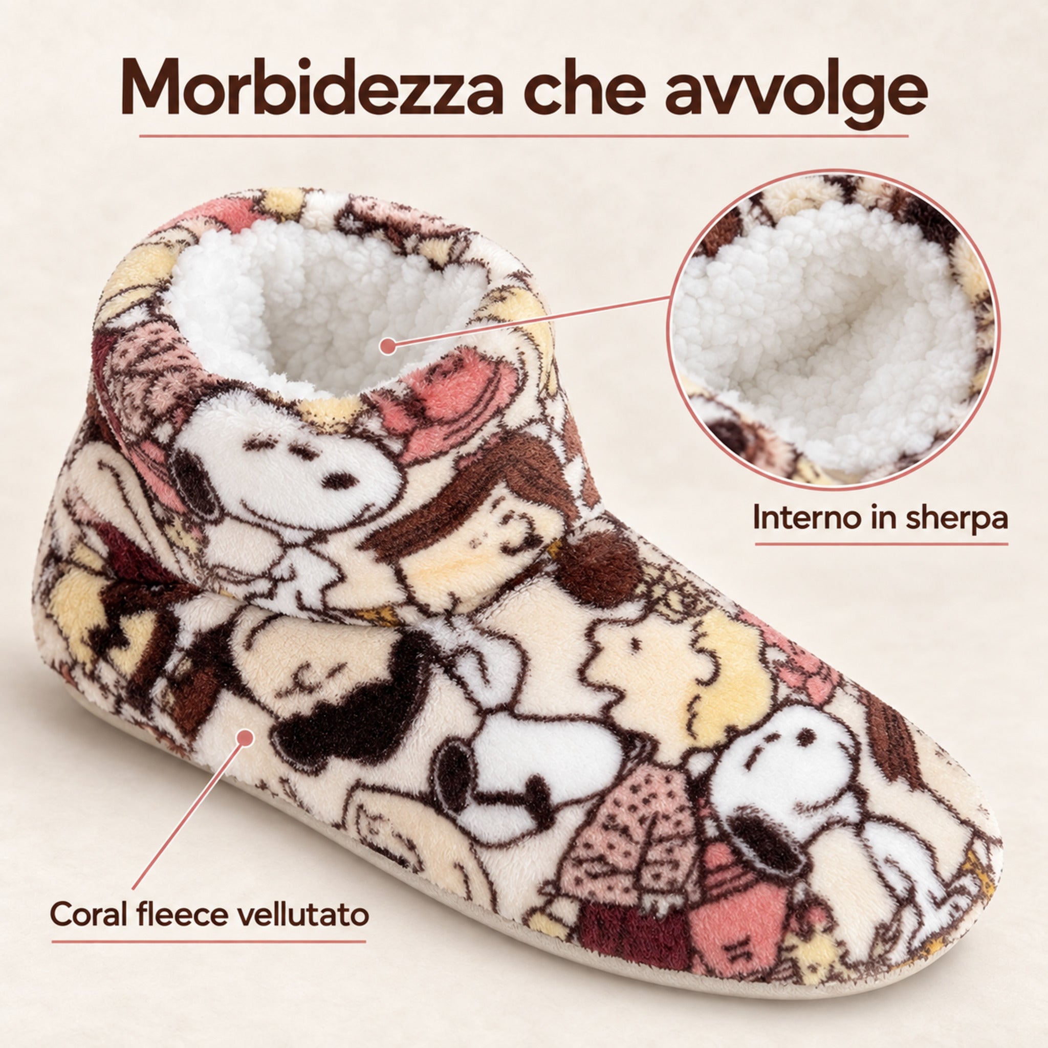 Dettaglio pantofole Peanuts Snoopy in coral fleece vellutato con interno sherpa