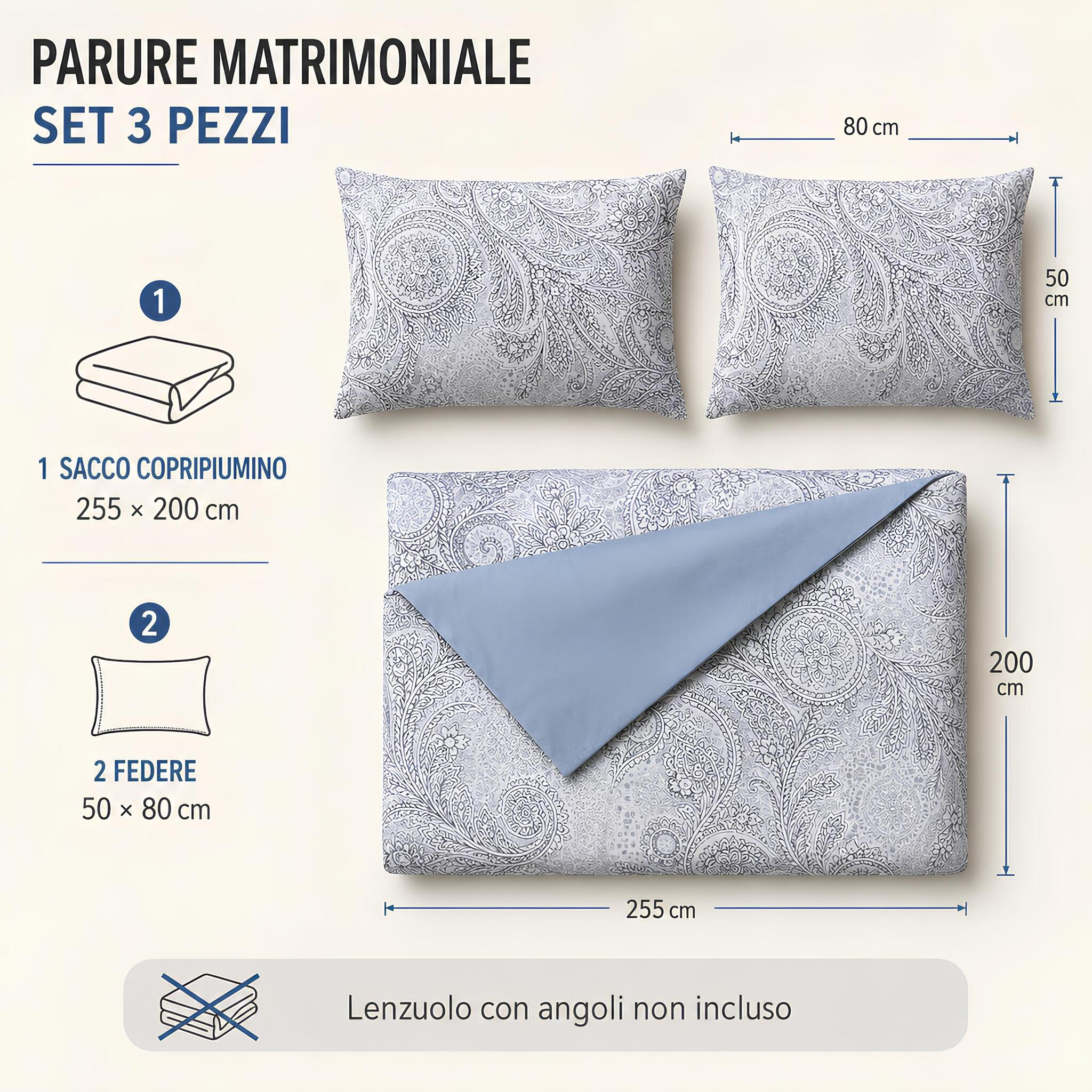 Misure parure Caleffi Broccato con sacco 255x200 cm e due federe 50x80 cm