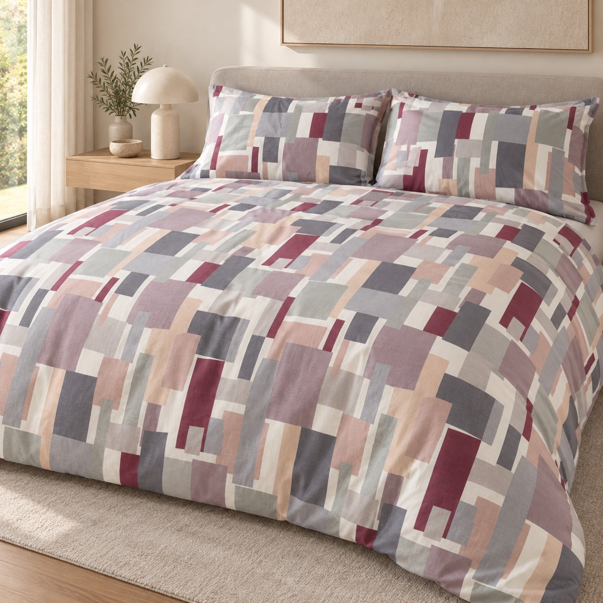 Letto con parure copripiumino Cogal 2605 Malva, fantasia geometrica a rettangoli rosa, grigi, crema e bordeaux.