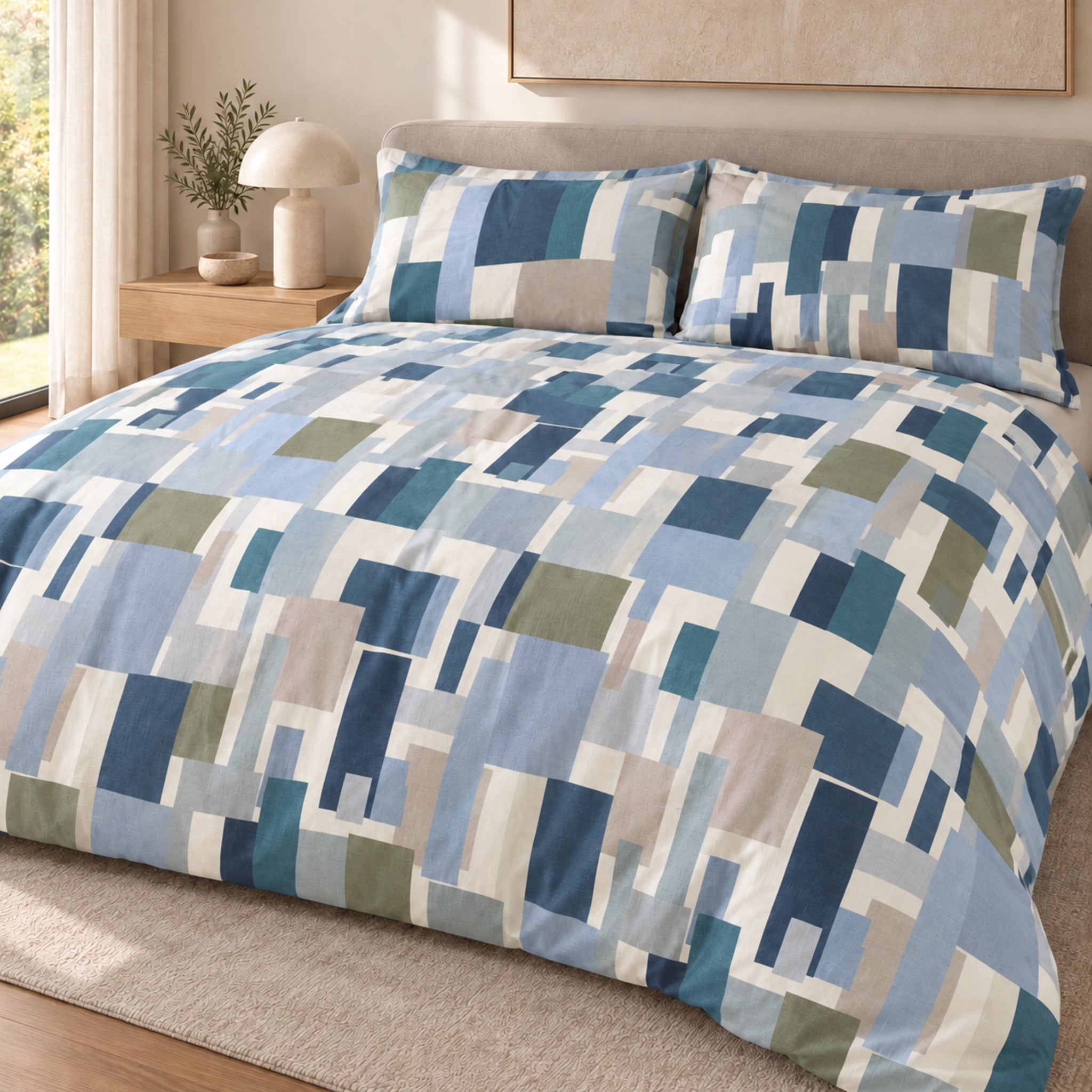 Letto con parure copripiumino Cogal 2605 Metal Blue, fantasia geometrica blu, azzurra, petrolio, verde oliva e beige.