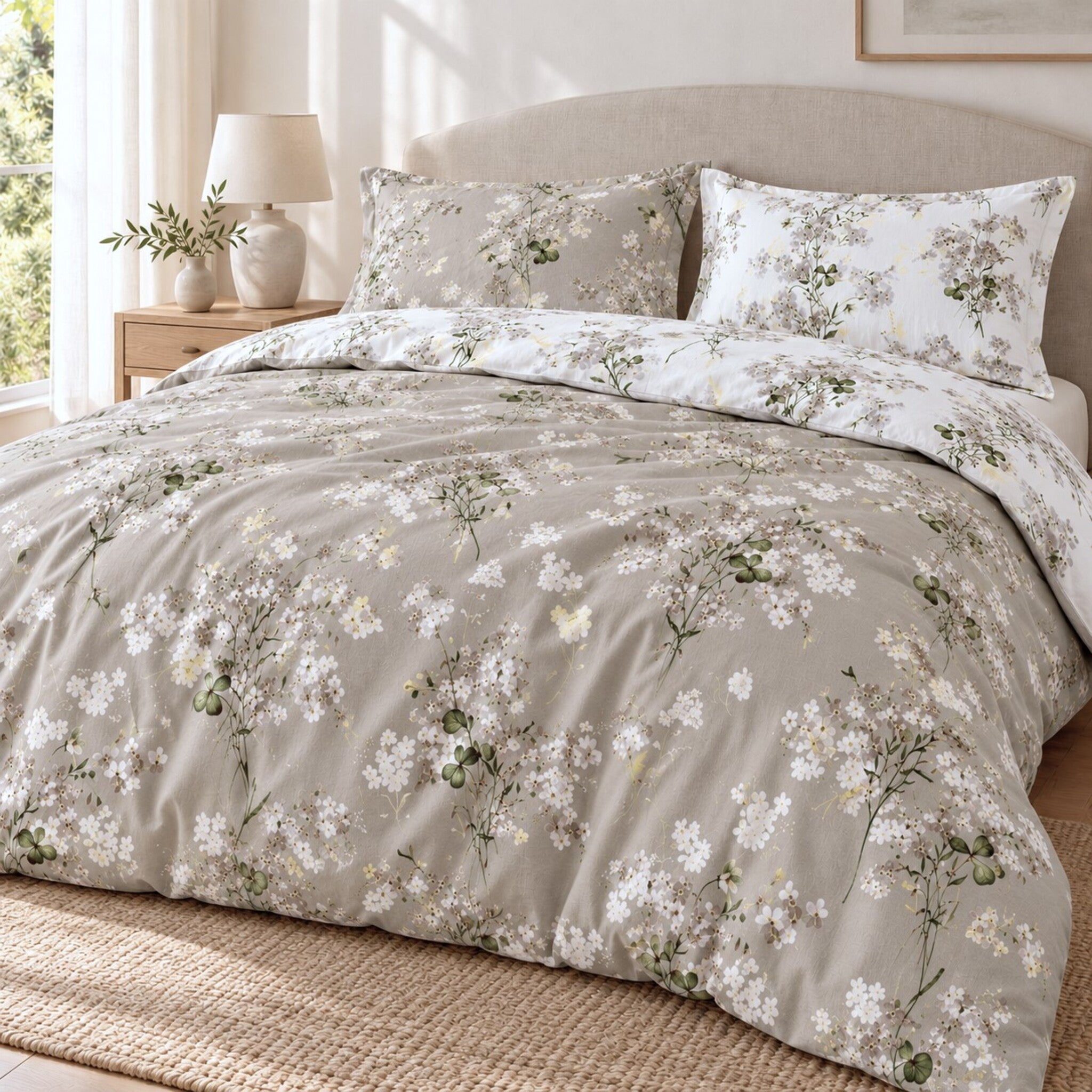 Letto con parure Cogal 2620 Silver Grey/Bianco, sacco floreale sul lato scuro e risvolto sul lato bianco.