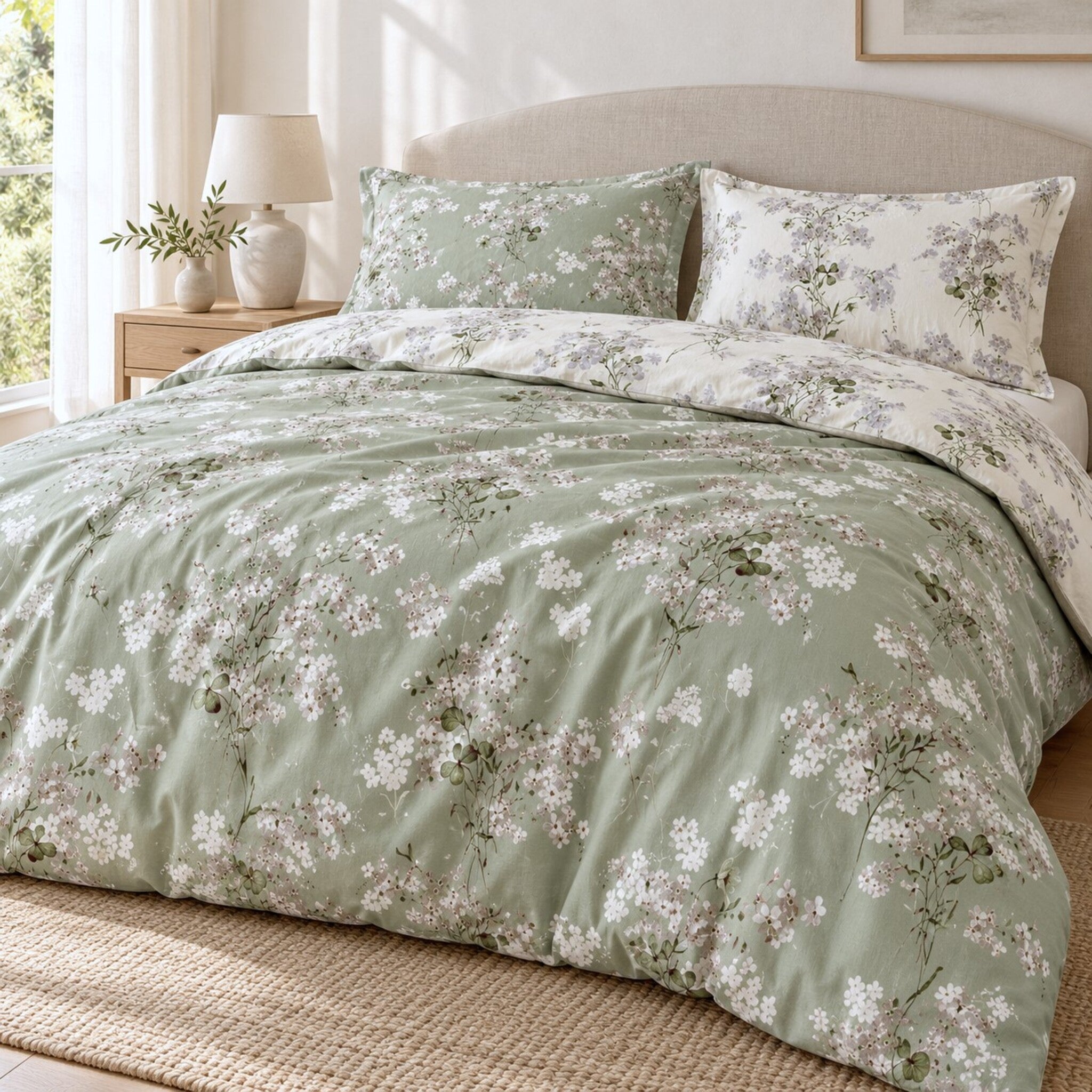 Letto con parure Cogal 2620 Verde/Avorio, sacco floreale verde con risvolto avorio e federe mostrate sui due lati.