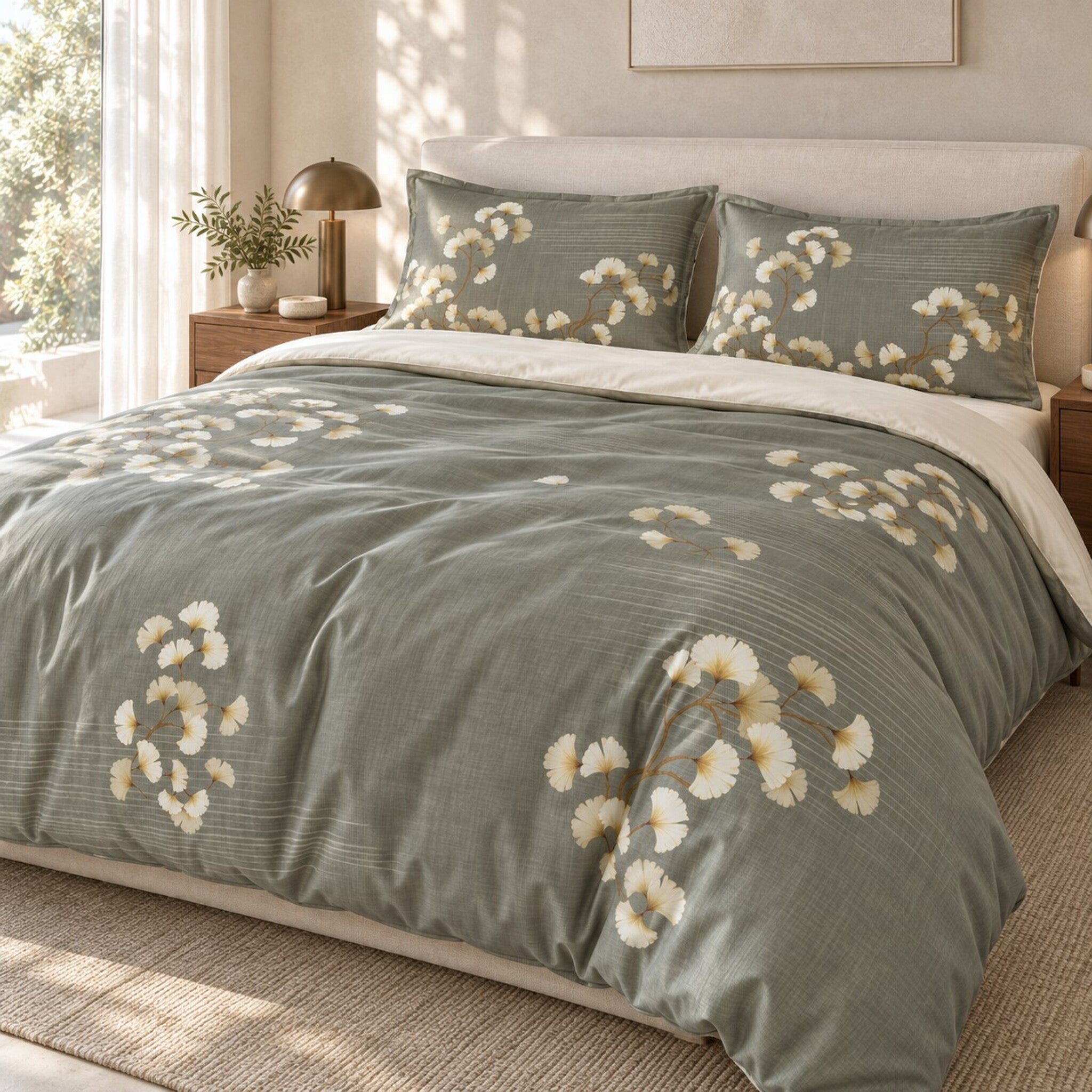 Letto con parure Galizzi Andy 2690 Verde, fantasia botanica a foglie avorio e risvolto del sacco in tinta unita chiara.