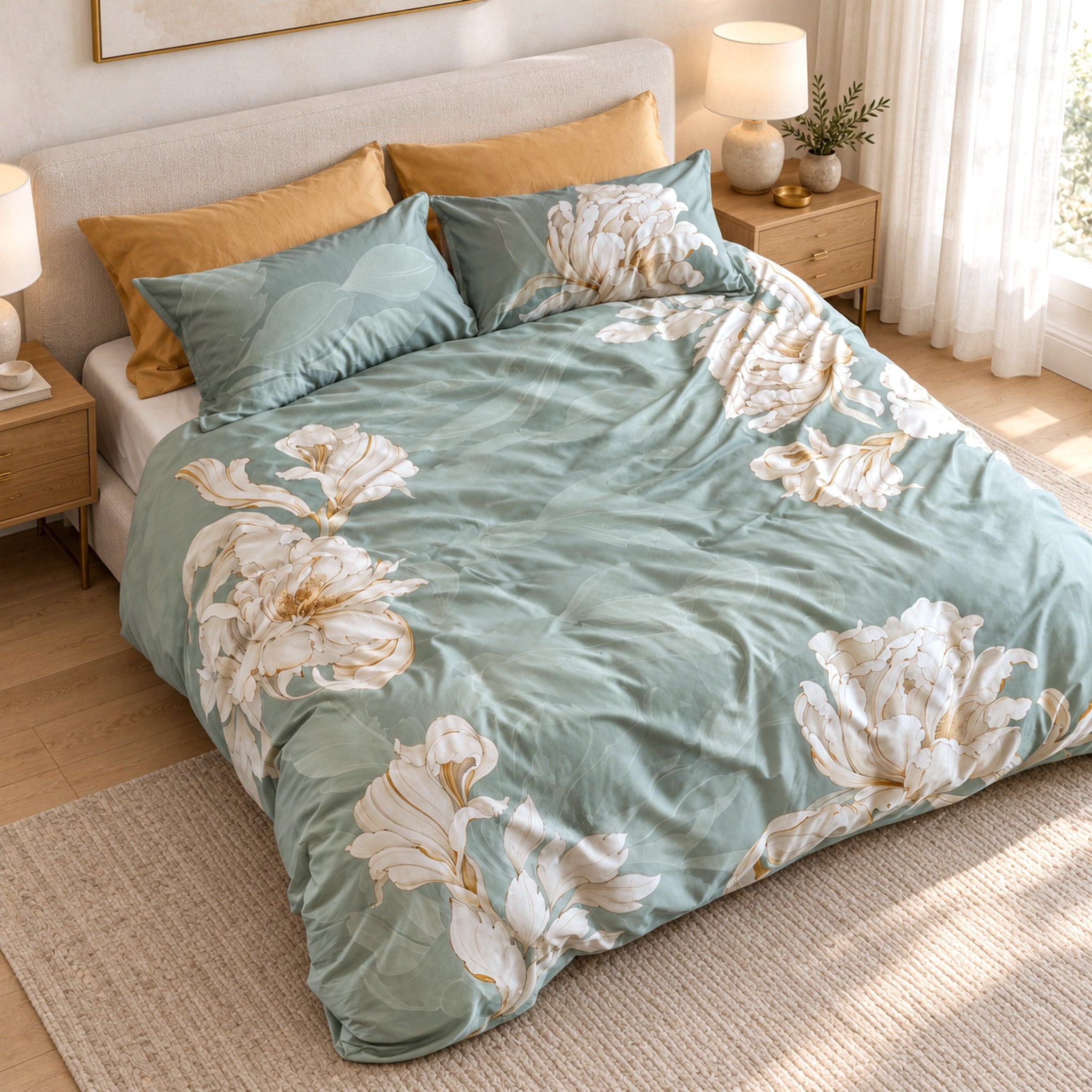 Letto matrimoniale con parure Galizzi Lily 2689 in raso di cotone, grandi fiori avorio su fondo verde salvia.
