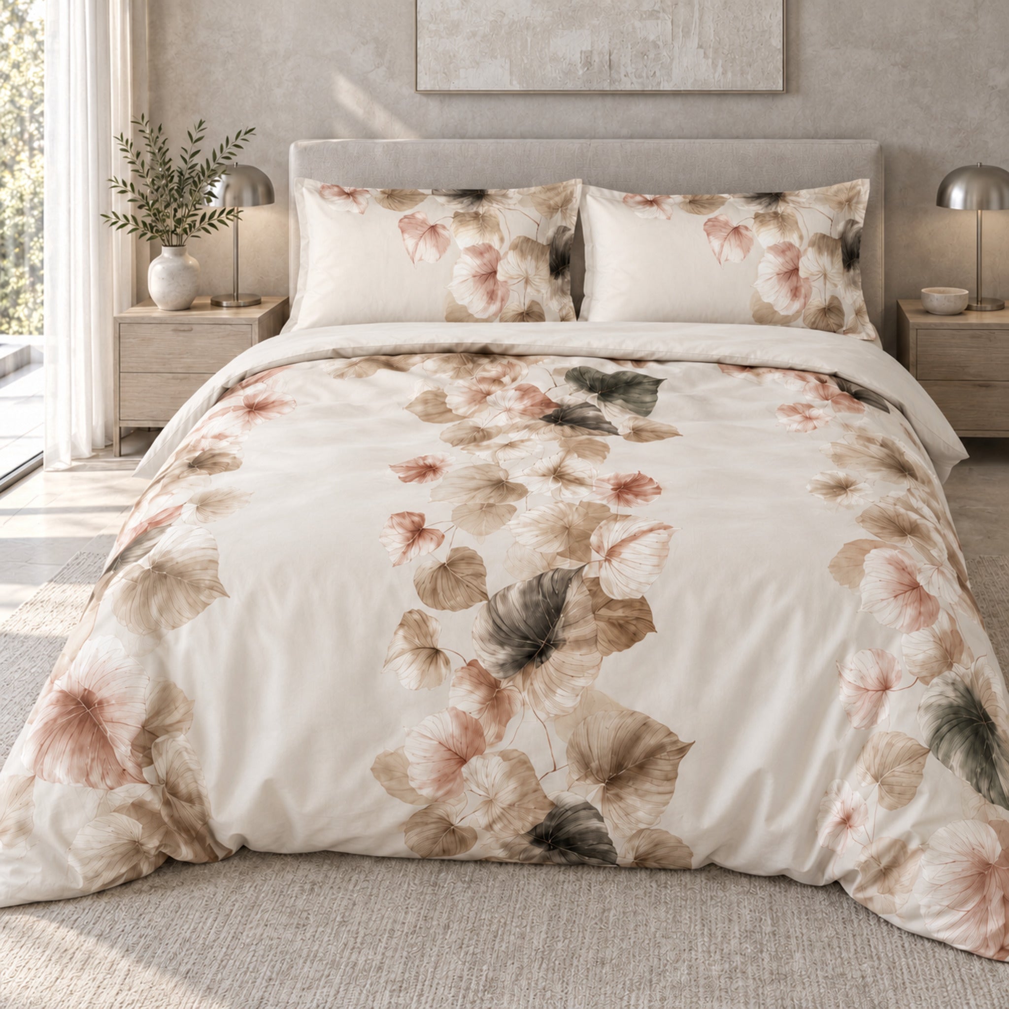 Letto con parure Galizzi Nate 2692 Ecru, fantasia a foglie beige, tortora e rosate su fondo chiaro e risvolto unito.