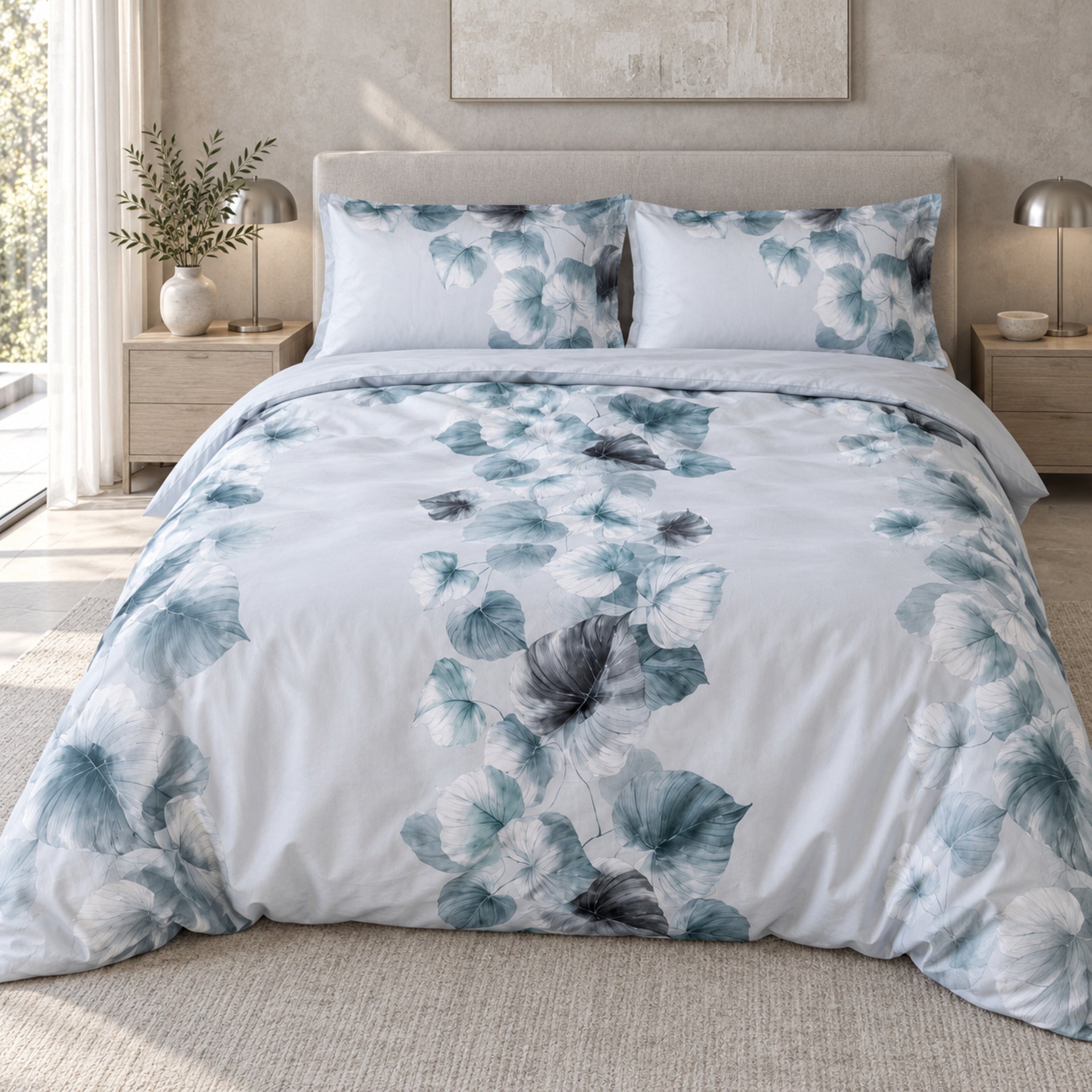 Letto con parure Galizzi Nate 2692 Silver Grey, foglie azzurre, petrolio e grigie su fondo chiaro, con federe coordinate.