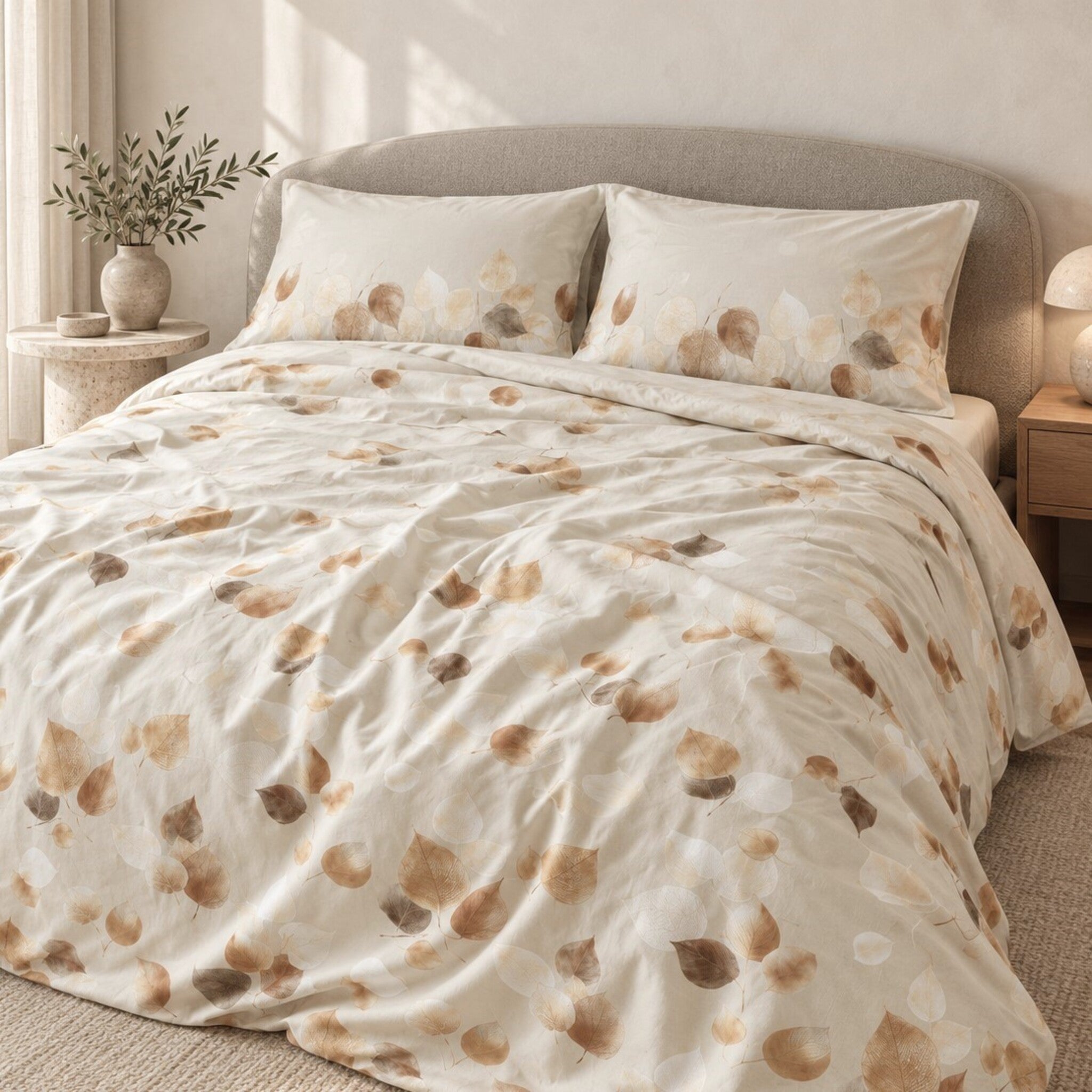 Letto con parure Cogal 2622 Cognac, fantasia a foglie beige e caramello su fondo chiaro e federe coordinate.