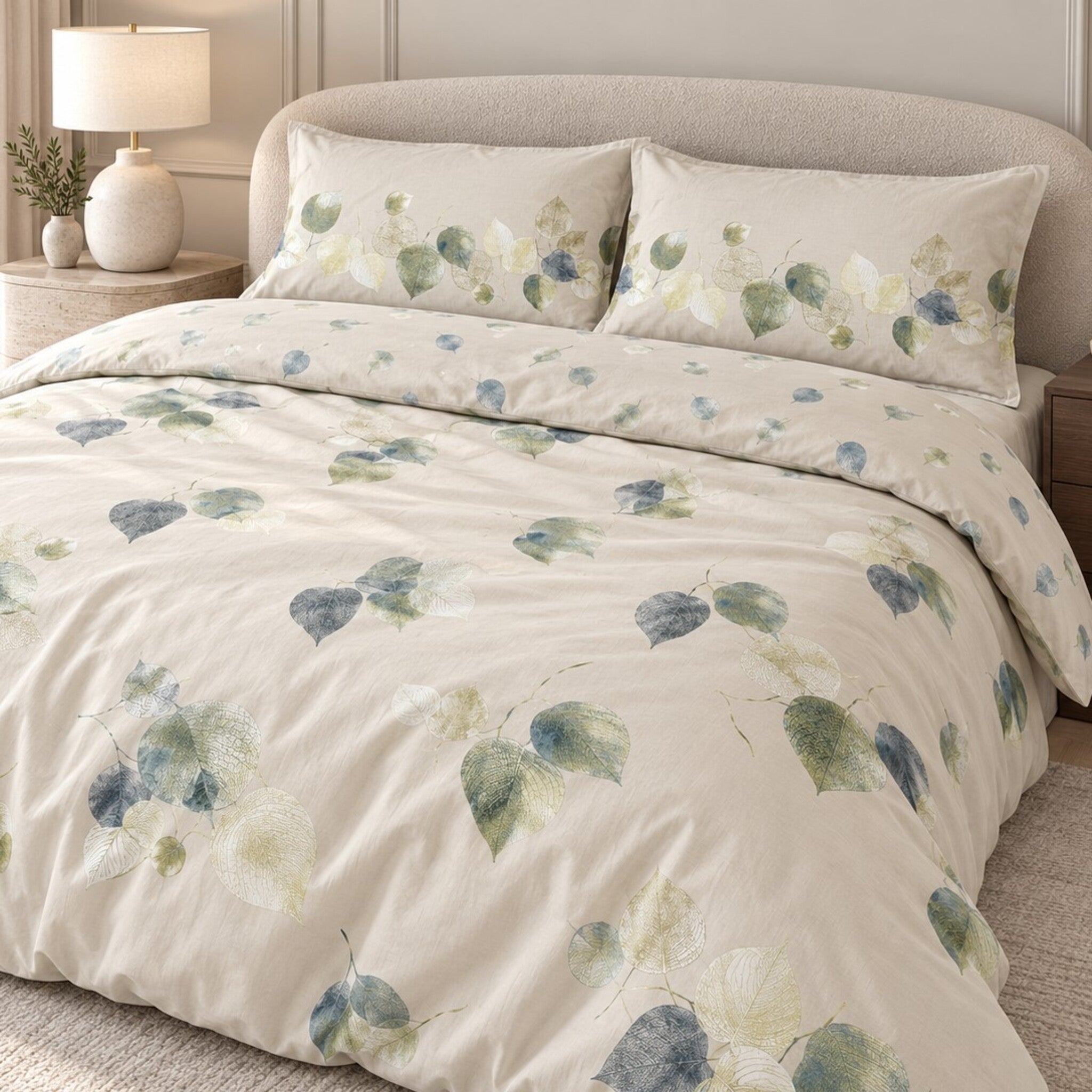 Letto con parure Cogal 2622 Metal Blue, foglie blu e verdi su fondo chiaro e risvolto con motivo coordinato.