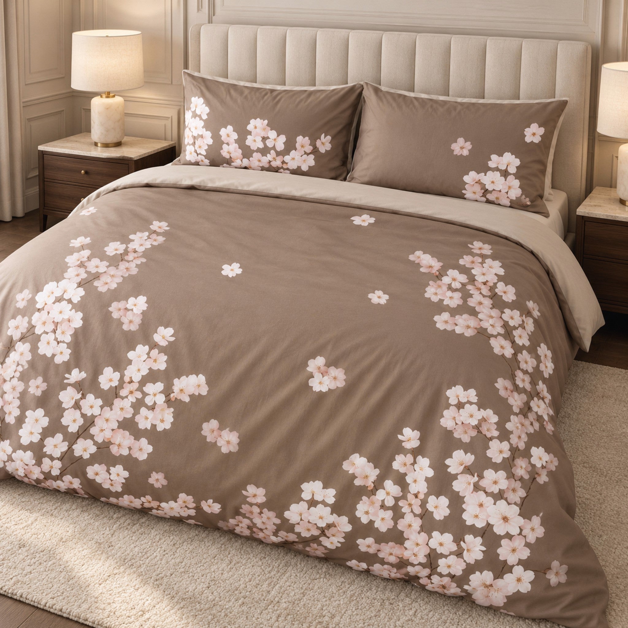 Letto con parure Cogal 2668 Lino Tortora, rametti con fiori bianchi e rosa e risvolto in tinta unita più chiara.