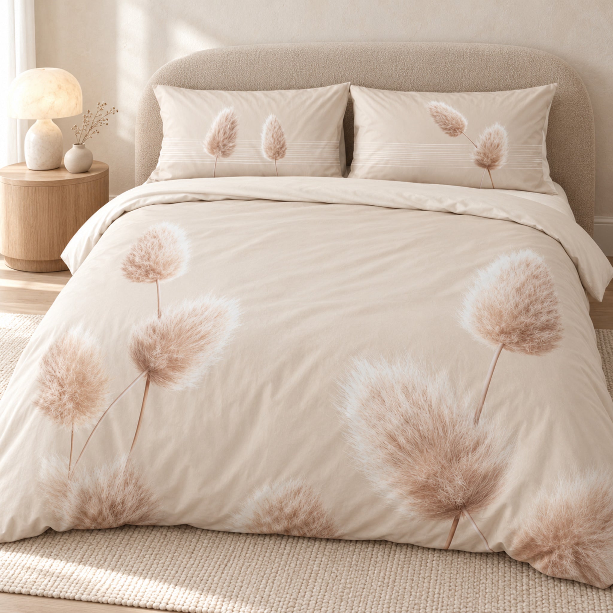 Letto con parure Cogal 2670 Albicocca, grandi pennacchi di pampas su fondo chiaro e due federe coordinate.