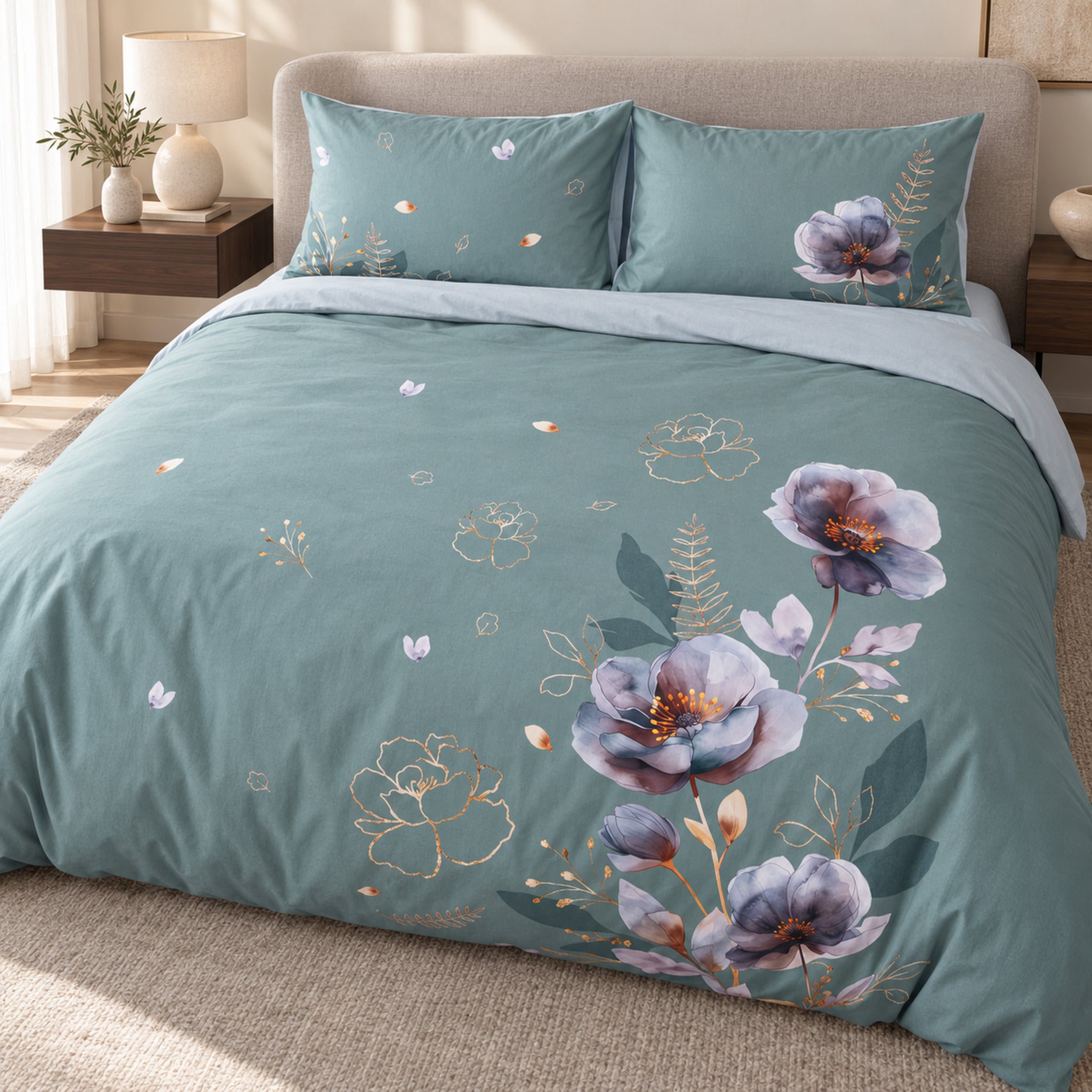 Letto con parure Cogal 2673 Verde, grandi fiori lilla e malva su un lato del sacco e risvolto in tinta unita chiara.