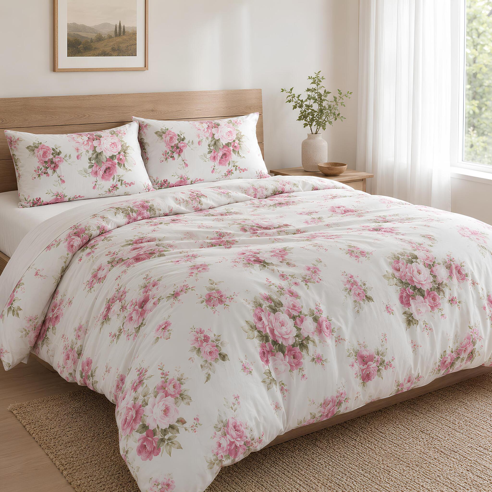 Parure copripiumino matrimoniale Zambaiti Heavy in cotone panna con fantasia floreale rosa