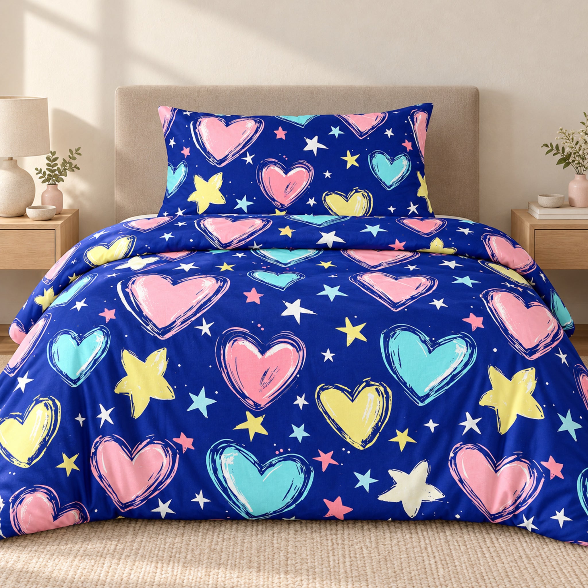 Parure copripiumino Zambaiti Young 2113 su letto, con cuori rosa, turchesi e gialli e stelle su fondo blu, con una federa coordinata.