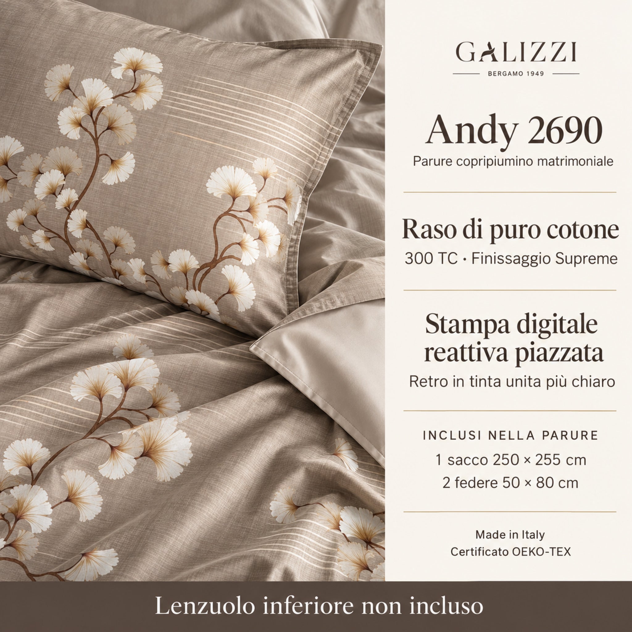 Infografica Galizzi Andy 2690 Lino con raso 300 TC, sacco 250x255 cm, due federe e lenzuolo inferiore non incluso.