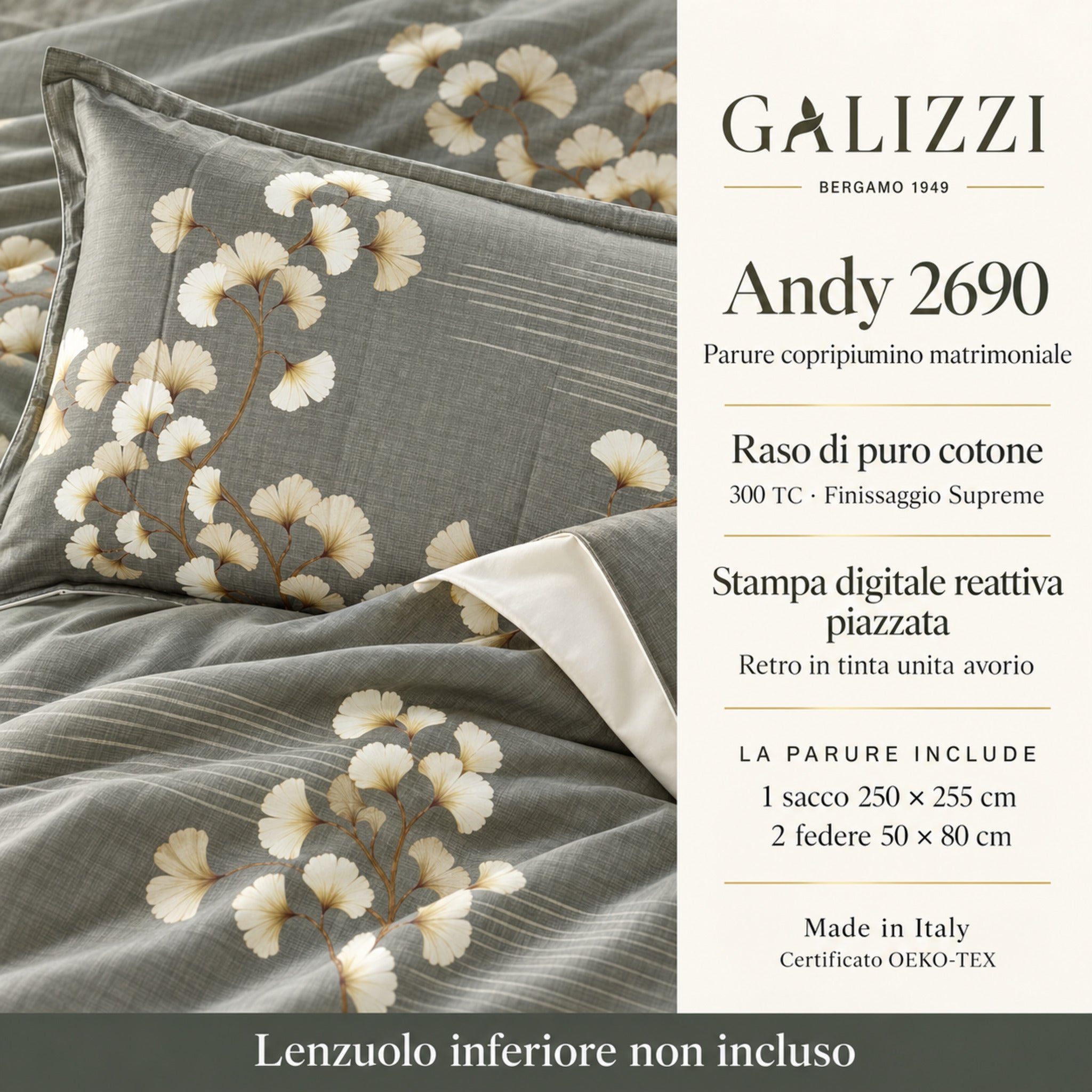 Infografica Galizzi Andy 2690 Verde con stampa botanica, retro avorio, misure della parure e lenzuolo inferiore non incluso.