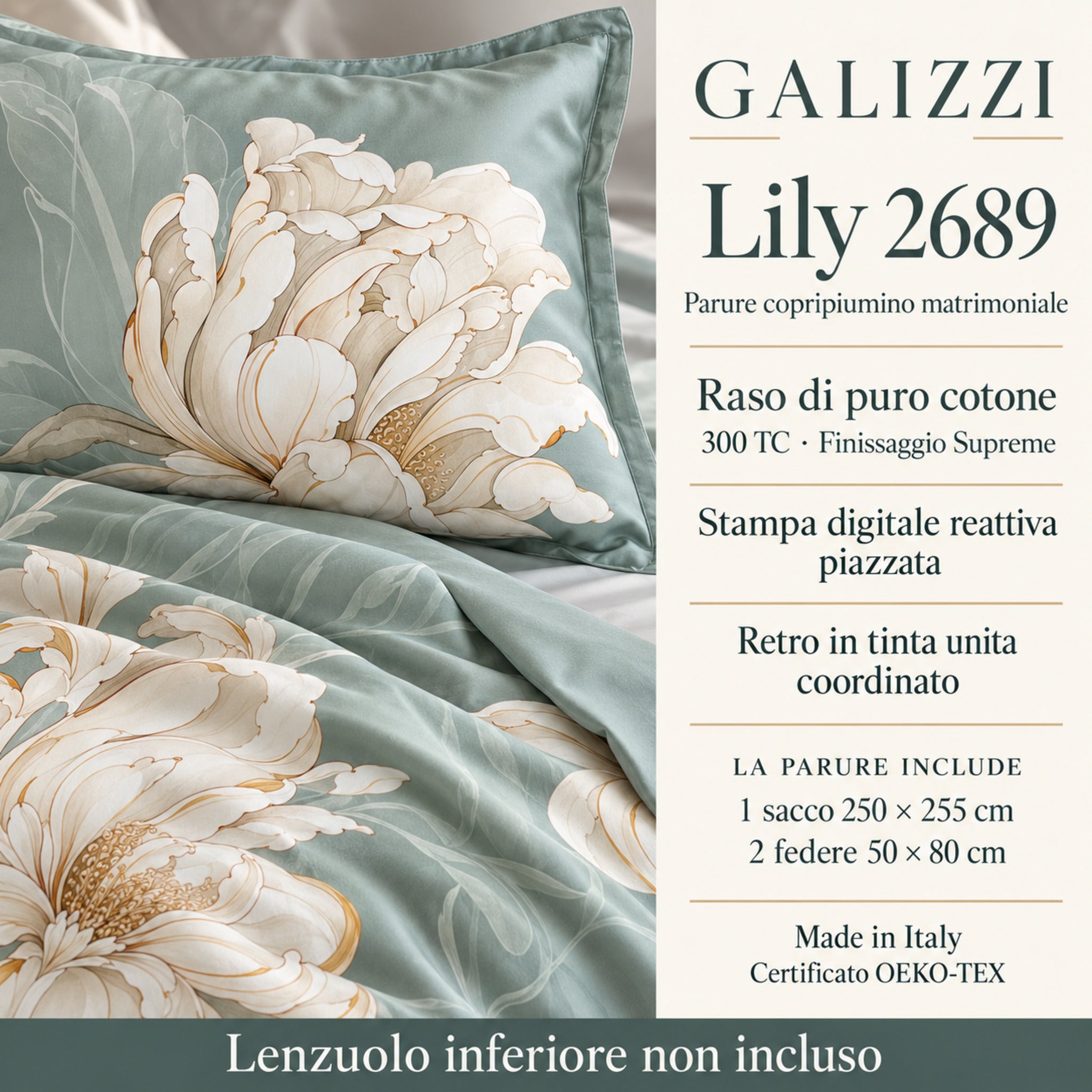 Infografica Galizzi Lily 2689 con raso 300 TC, stampa floreale, sacco 250x255 cm, due federe e lenzuolo inferiore non incluso.
