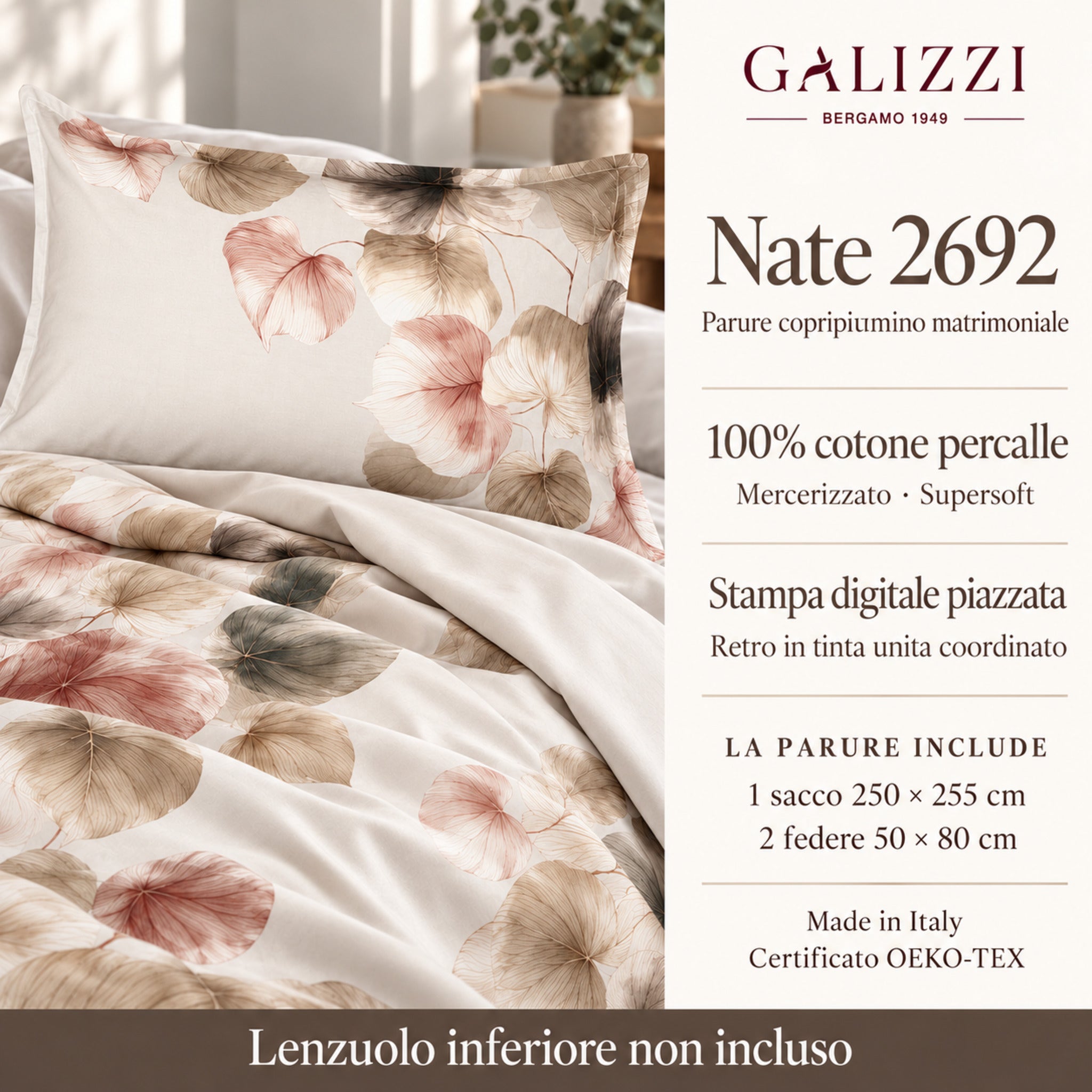 Infografica Galizzi Nate 2692 Ecru con percalle mercerizzato Supersoft, sacco 250x255 cm, due federe e lenzuolo inferiore non incluso.