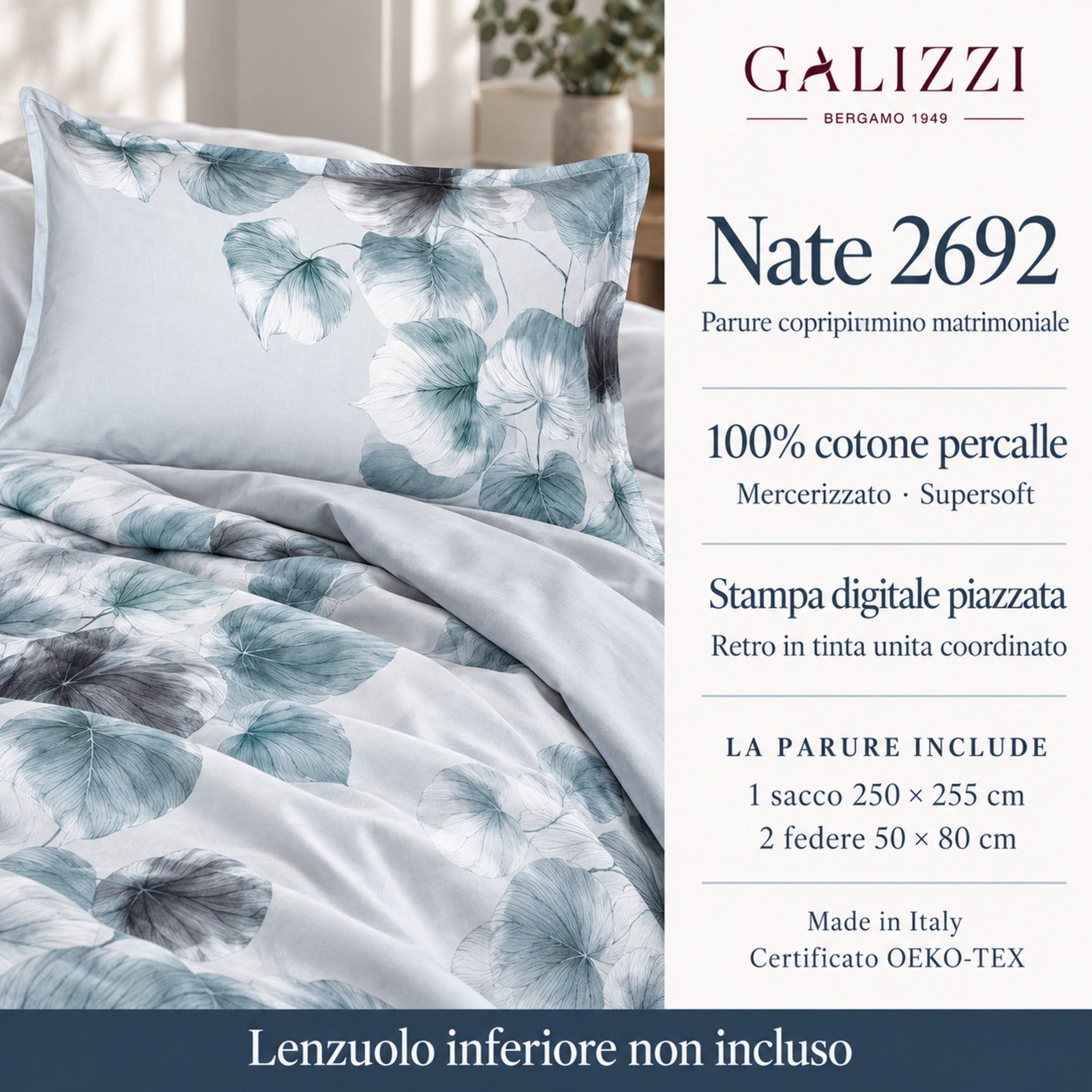 Infografica Galizzi Nate 2692 Silver Grey con fantasia botanica, misure del sacco e delle federe e lenzuolo inferiore non incluso.