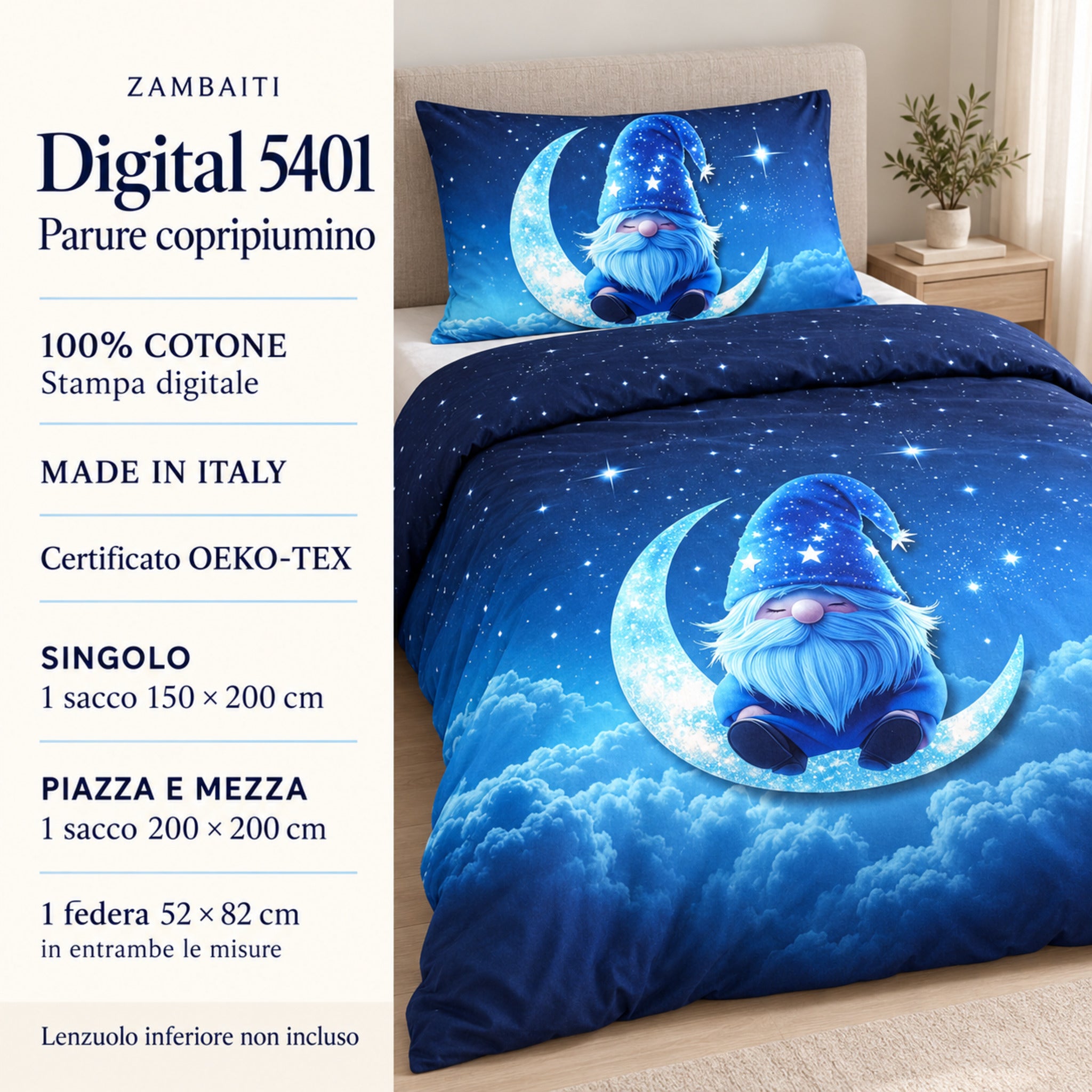 Infografica Digital 5401: cotone, Made in Italy, OEKO-TEX, sacco singolo 150x200 o piazza e mezza 200x200 cm e una federa 52x82 cm.