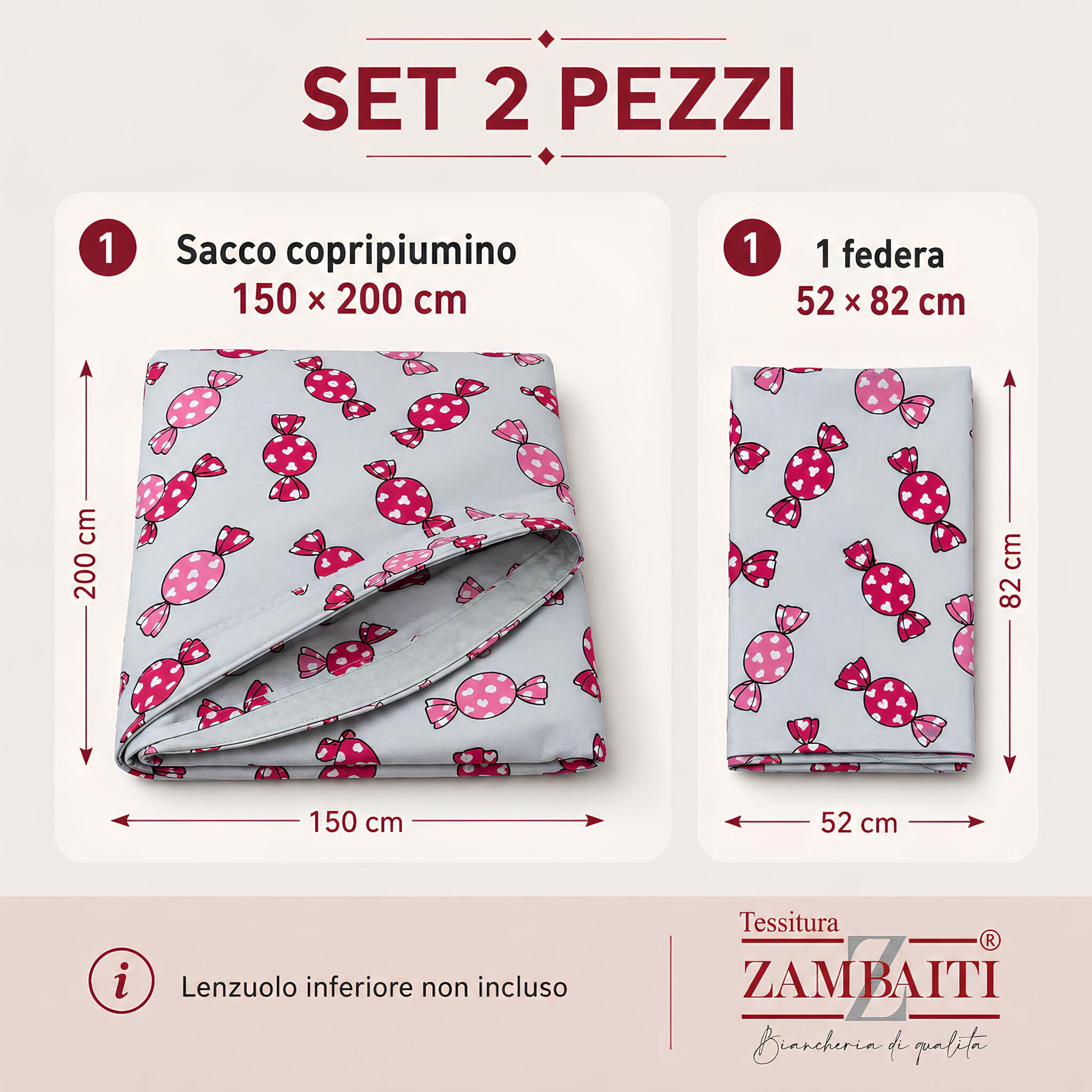 Misure parure singola Zambaiti Melle con sacco 150x200 cm e federa 52x82 cm