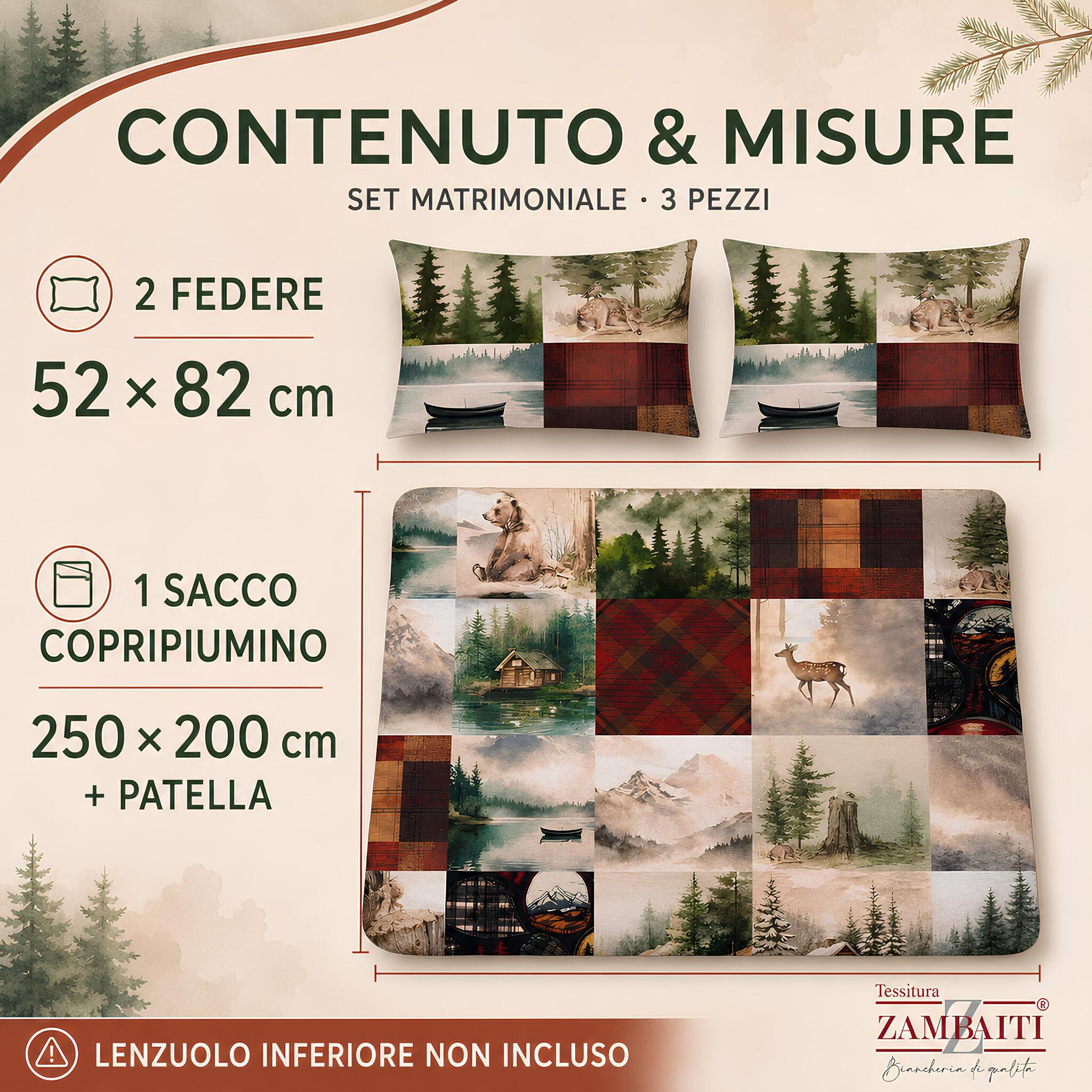 Misure parure Zambaiti Montes con sacco copripiumino 250x200 cm e due federe 52x82 cm