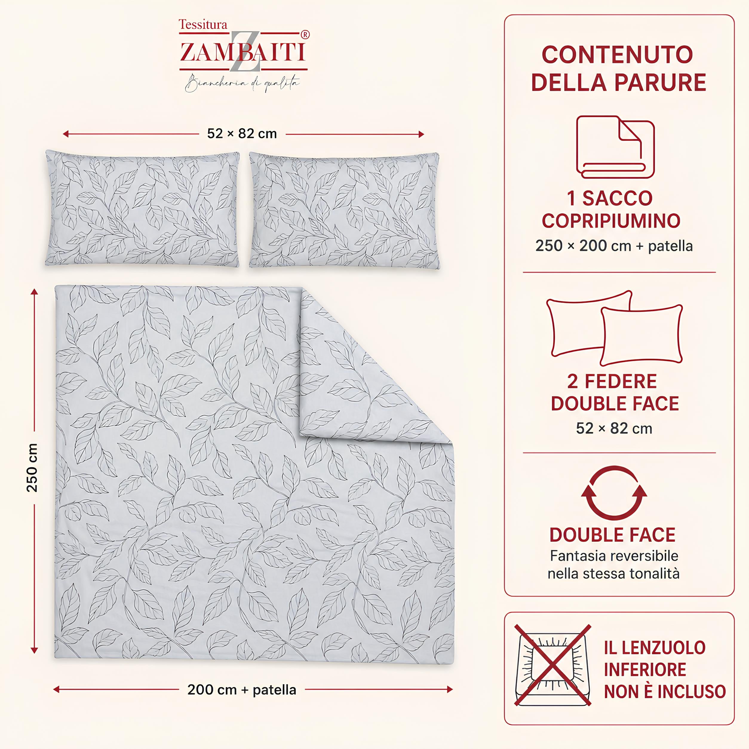 Parure Zambaiti Prion grigio con sacco 250x200 cm e due federe 52x82 cm