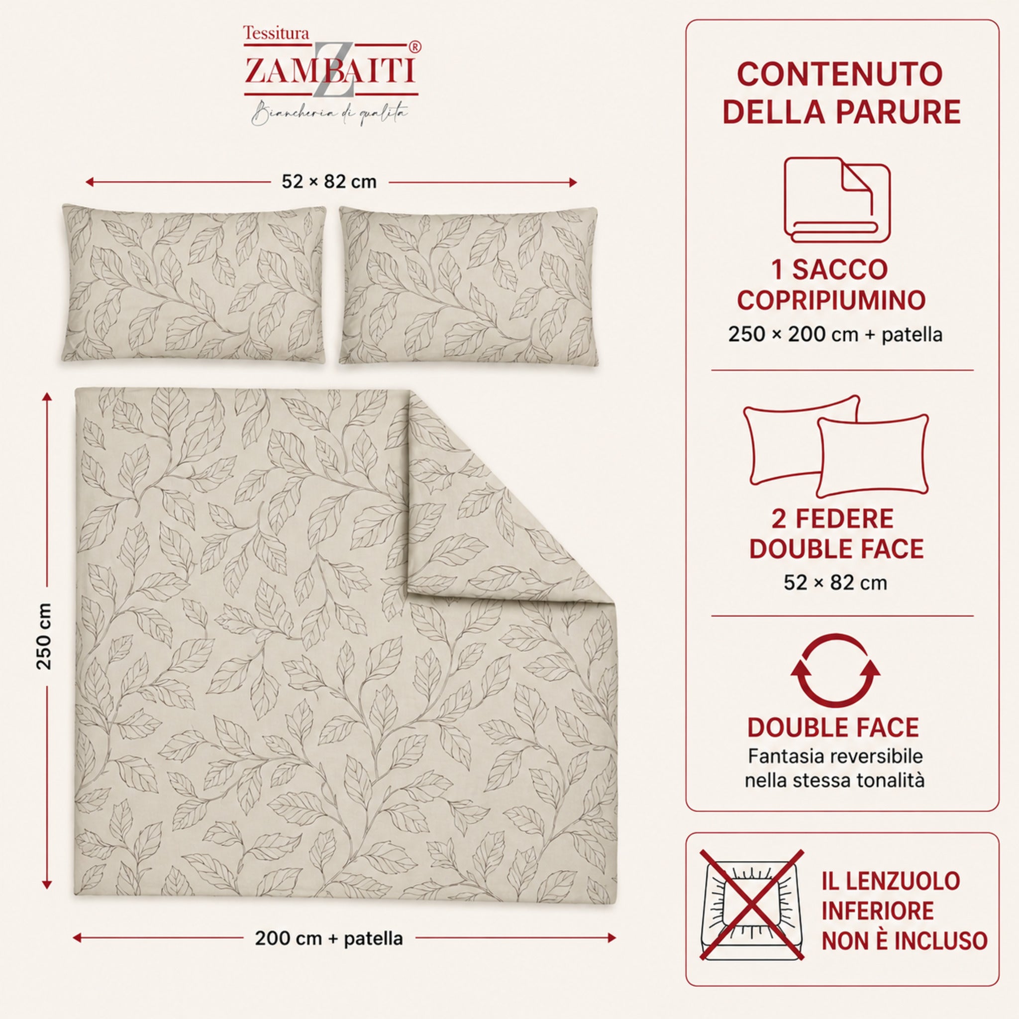Parure Zambaiti Prion tortora con sacco 250x200 cm e due federe 52x82 cm