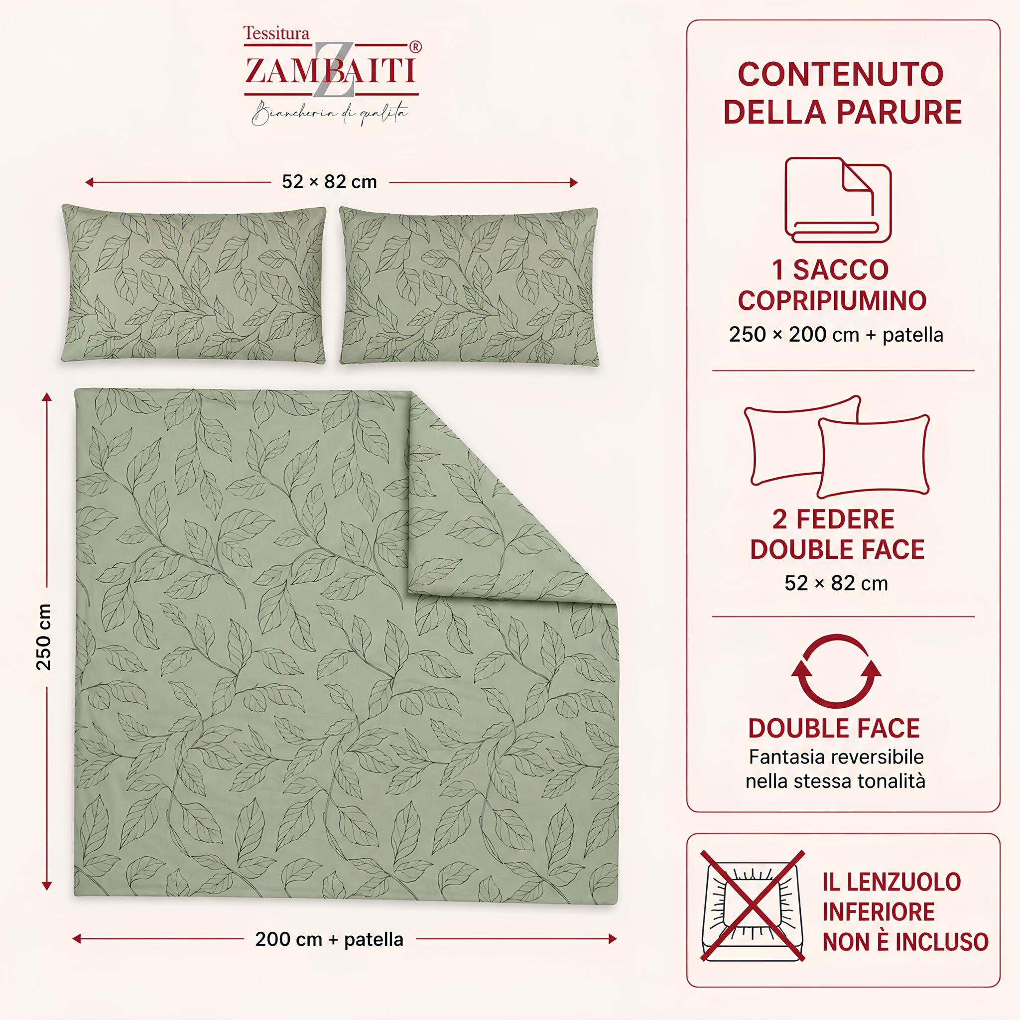 Parure Zambaiti Prion verde con sacco 250x200 cm e due federe 52x82 cm