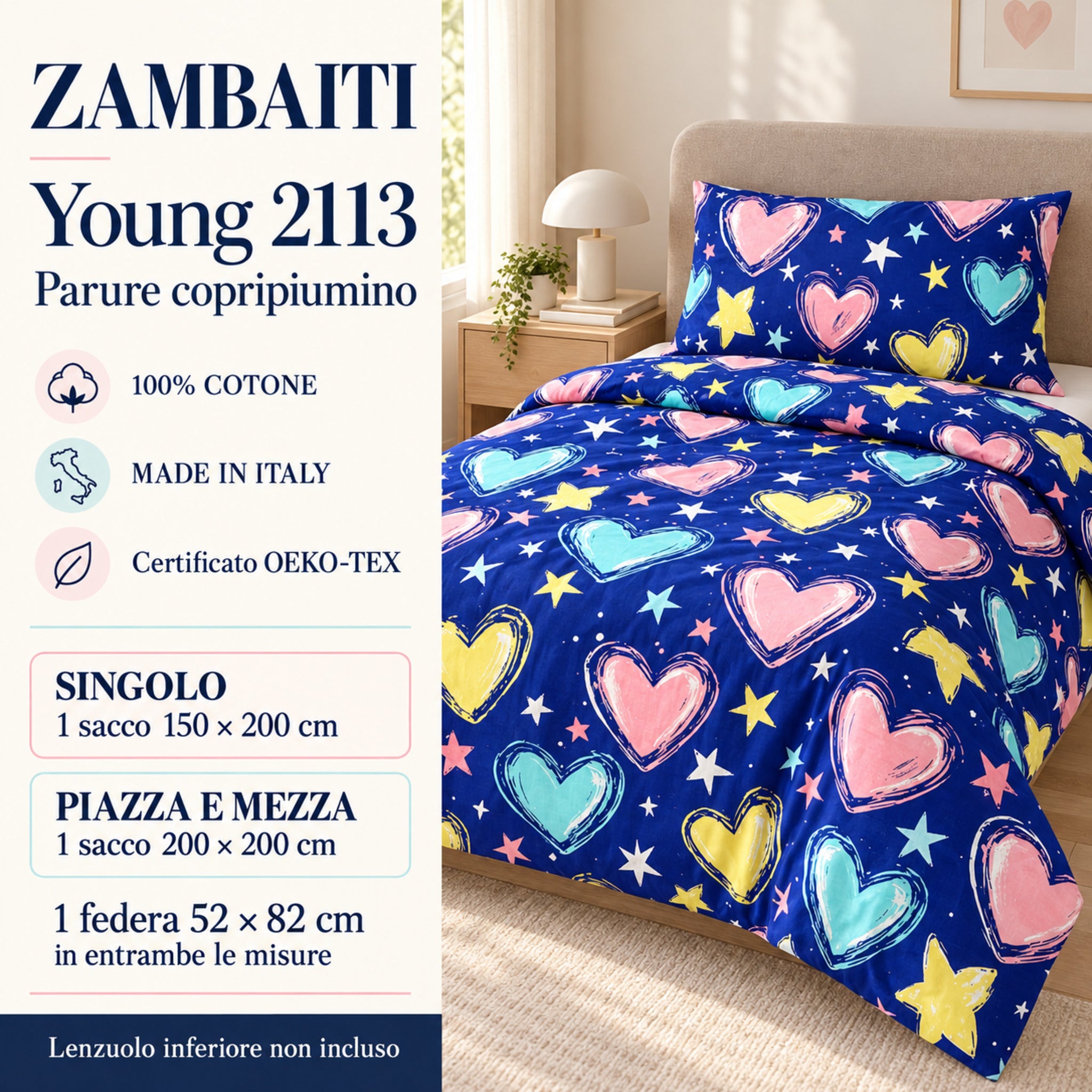 Infografica Young 2113: puro cotone, Made in Italy, OEKO-TEX, sacco 150x200 o 200x200 cm e una federa 52x82 cm; lenzuolo sotto escluso.