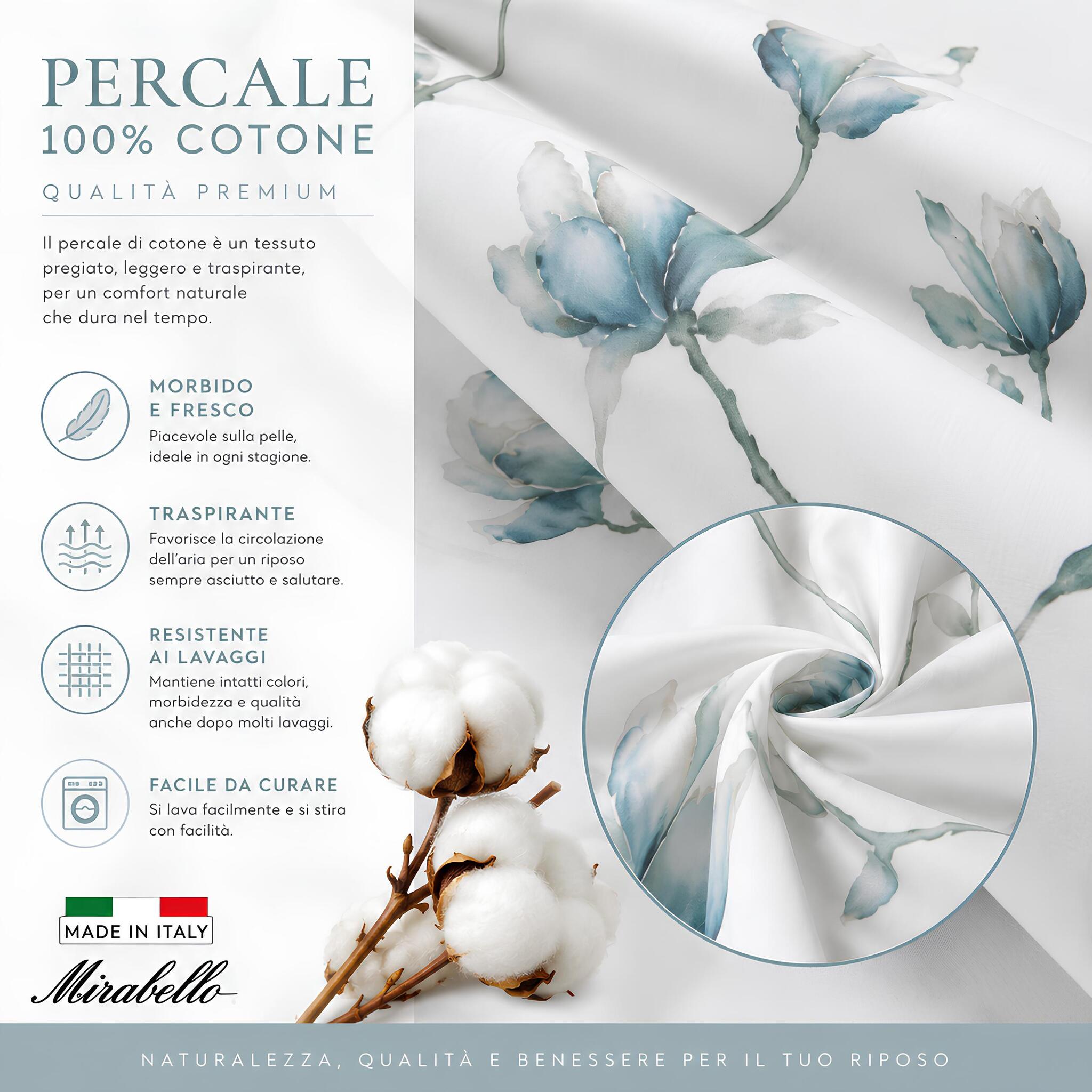 Dettaglio tessuto percalle 100 cotone del completo lenzuola Mirabello Soft Magnolia Made in Italy